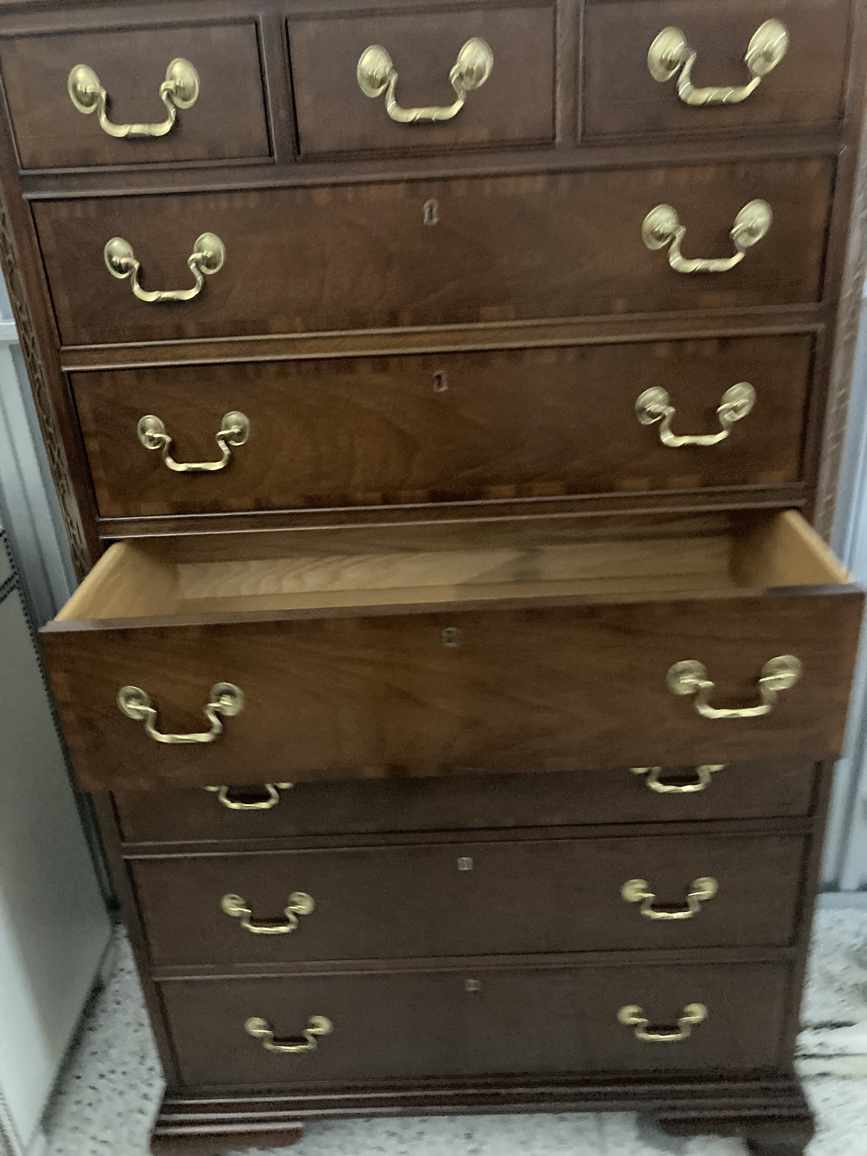 Late 20th Century Councill Craftsman Chinese Chippendale Tall 9-Drawer Dresser or Highboy in Banded Mahogany