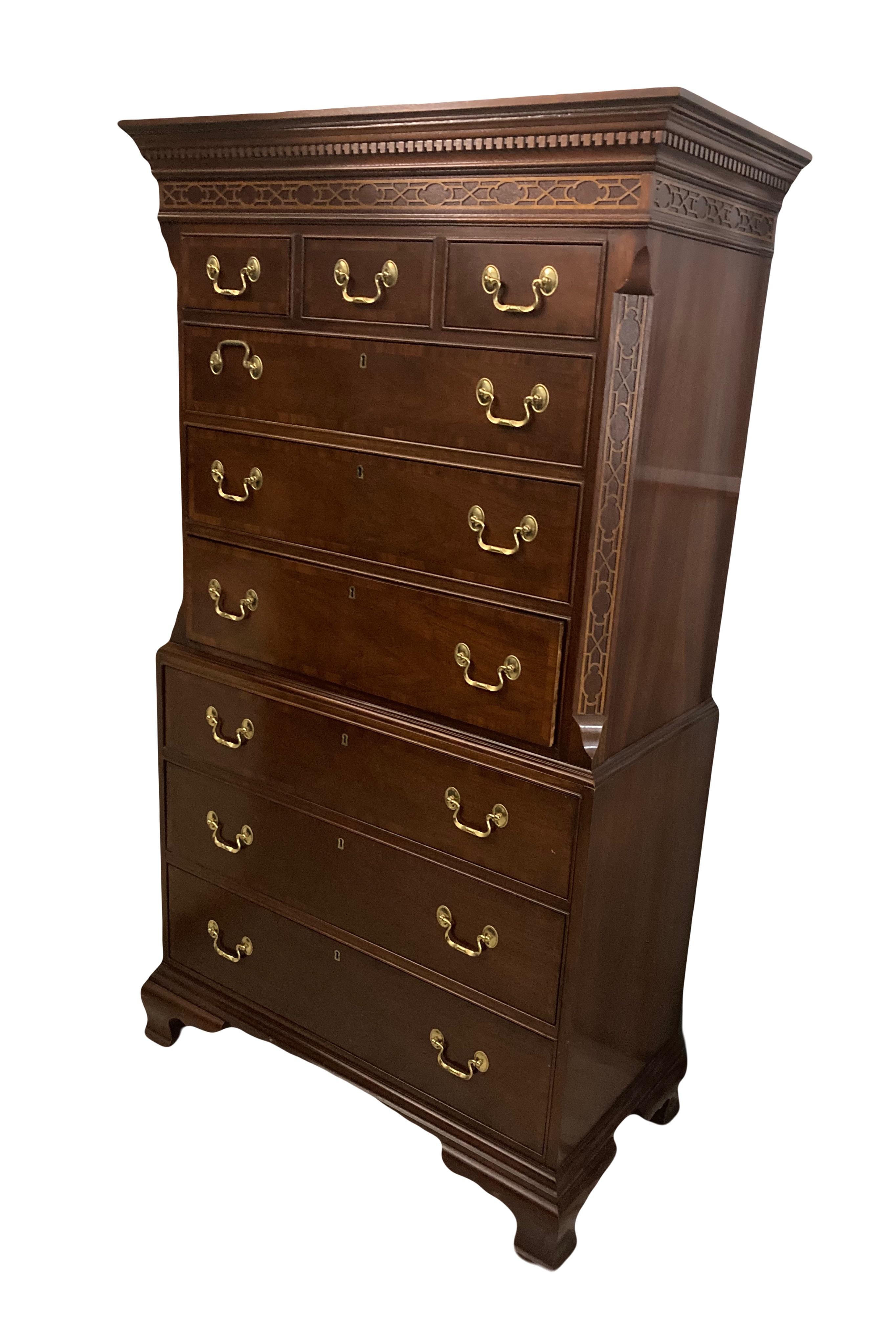 Late 20th Century Councill Craftsman Chinese Chippendale Tall 9-Drawer Dresser or Highboy in Banded Mahogany