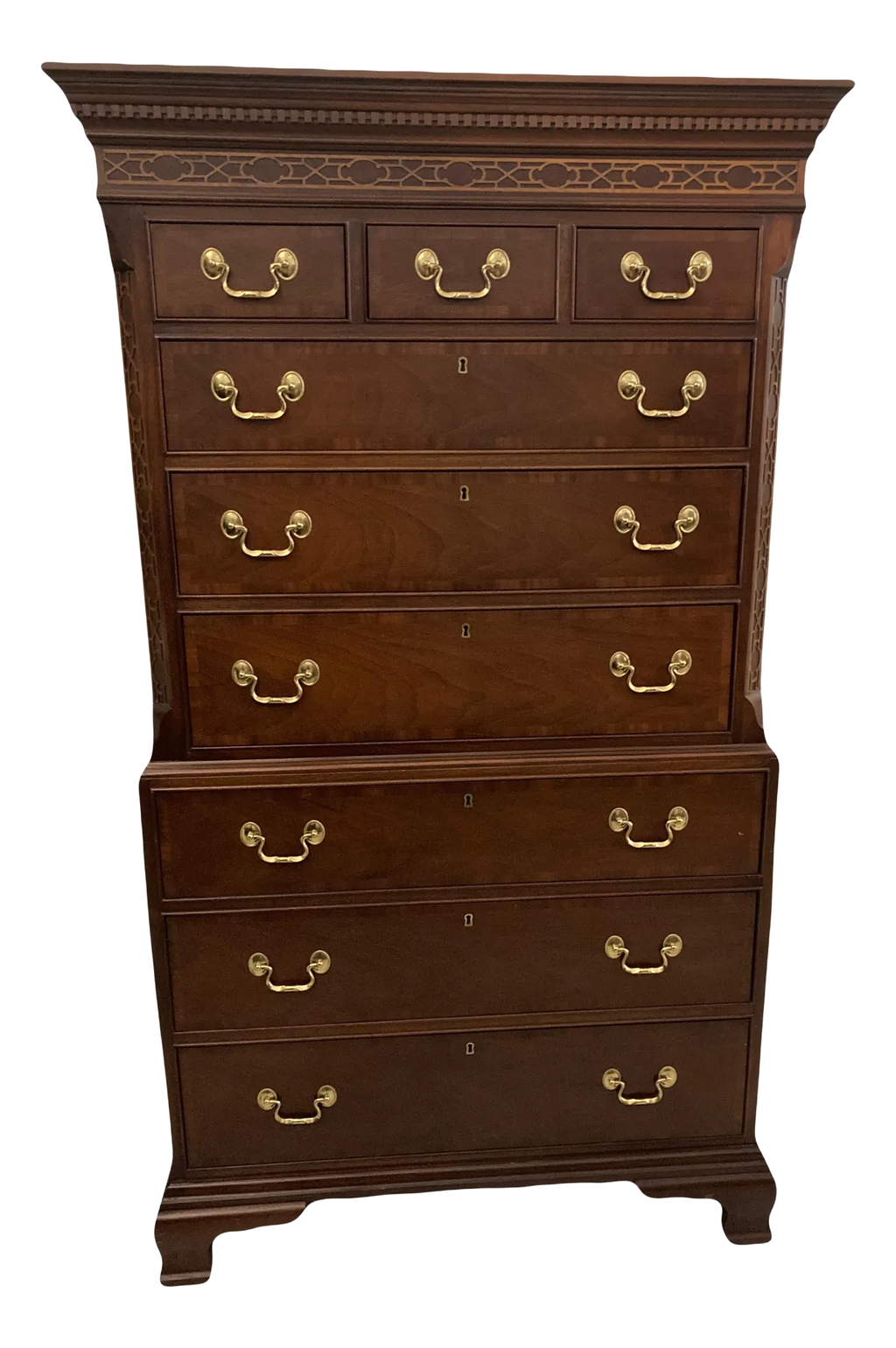 Late 20th Century Councill Craftsman Chinese Chippendale Tall 9-Drawer Dresser or Highboy in Banded Mahogany