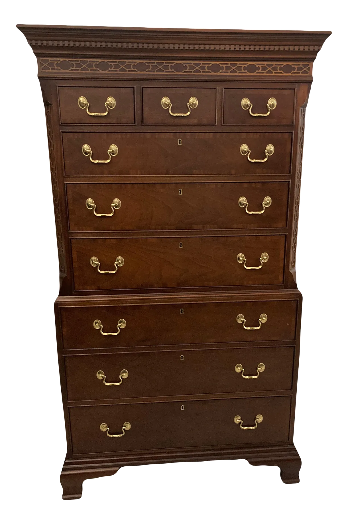 Late 20th Century Councill Craftsman Chinese Chippendale Tall 9-Drawer Dresser or Highboy in Banded Mahogany