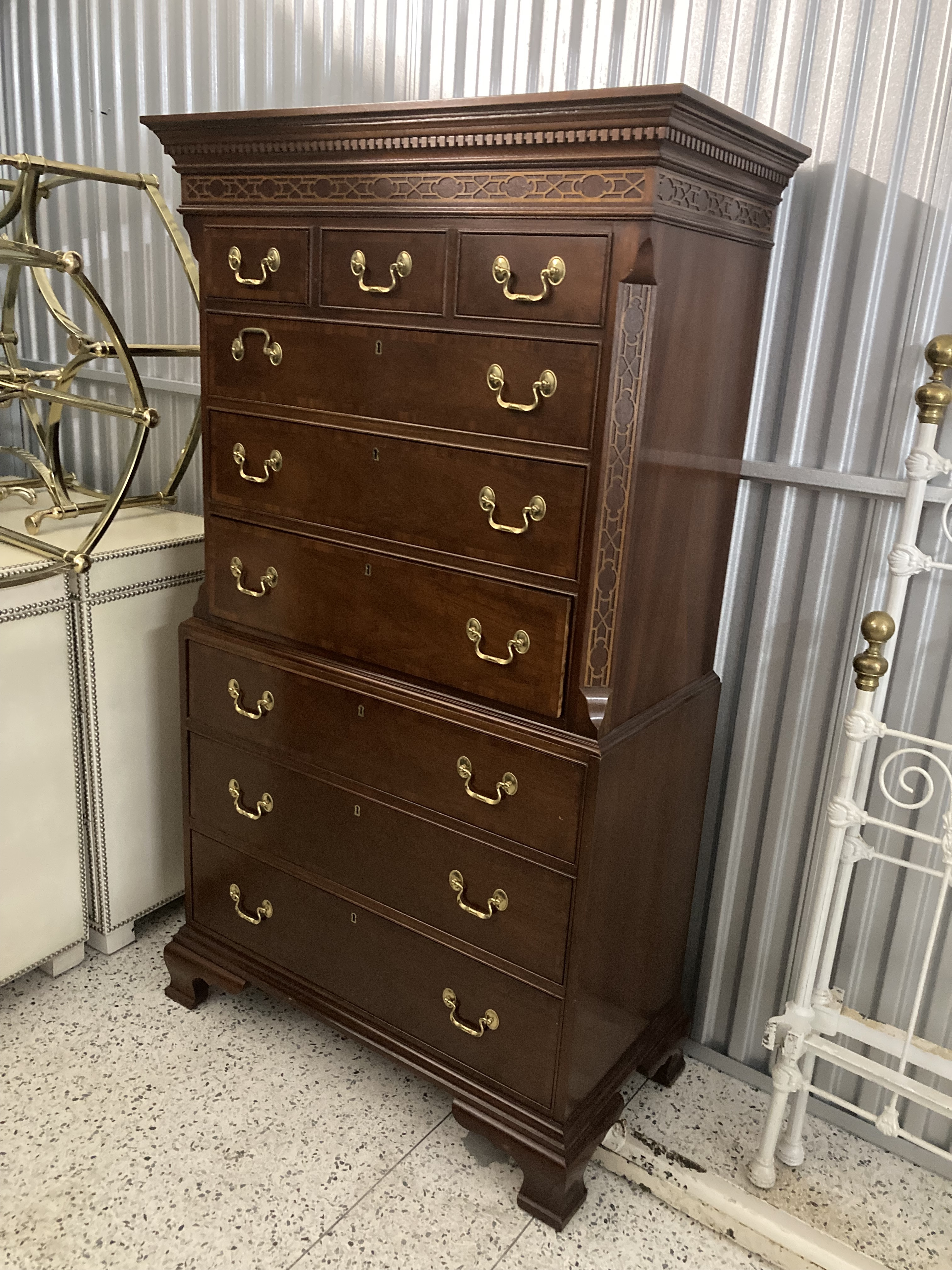 Late 20th Century Councill Craftsman Chinese Chippendale Tall 9-Drawer Dresser or Highboy in Banded Mahogany