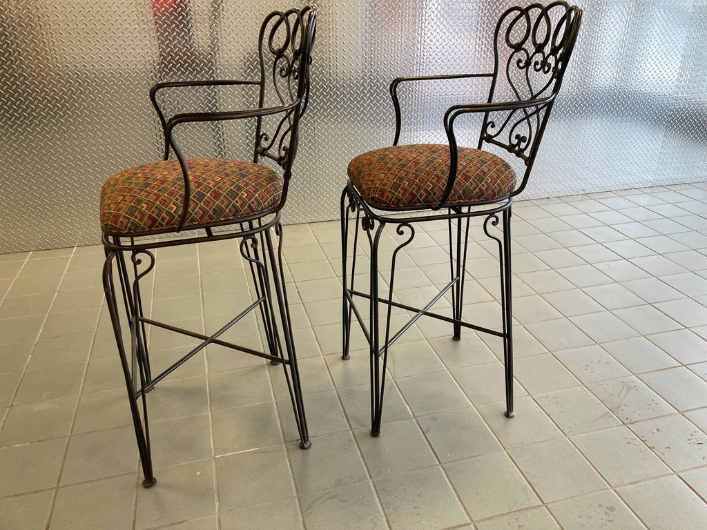Late 20th Century Ethan Allen Wrought Iron Bar Height Counter Stools - a Pair
