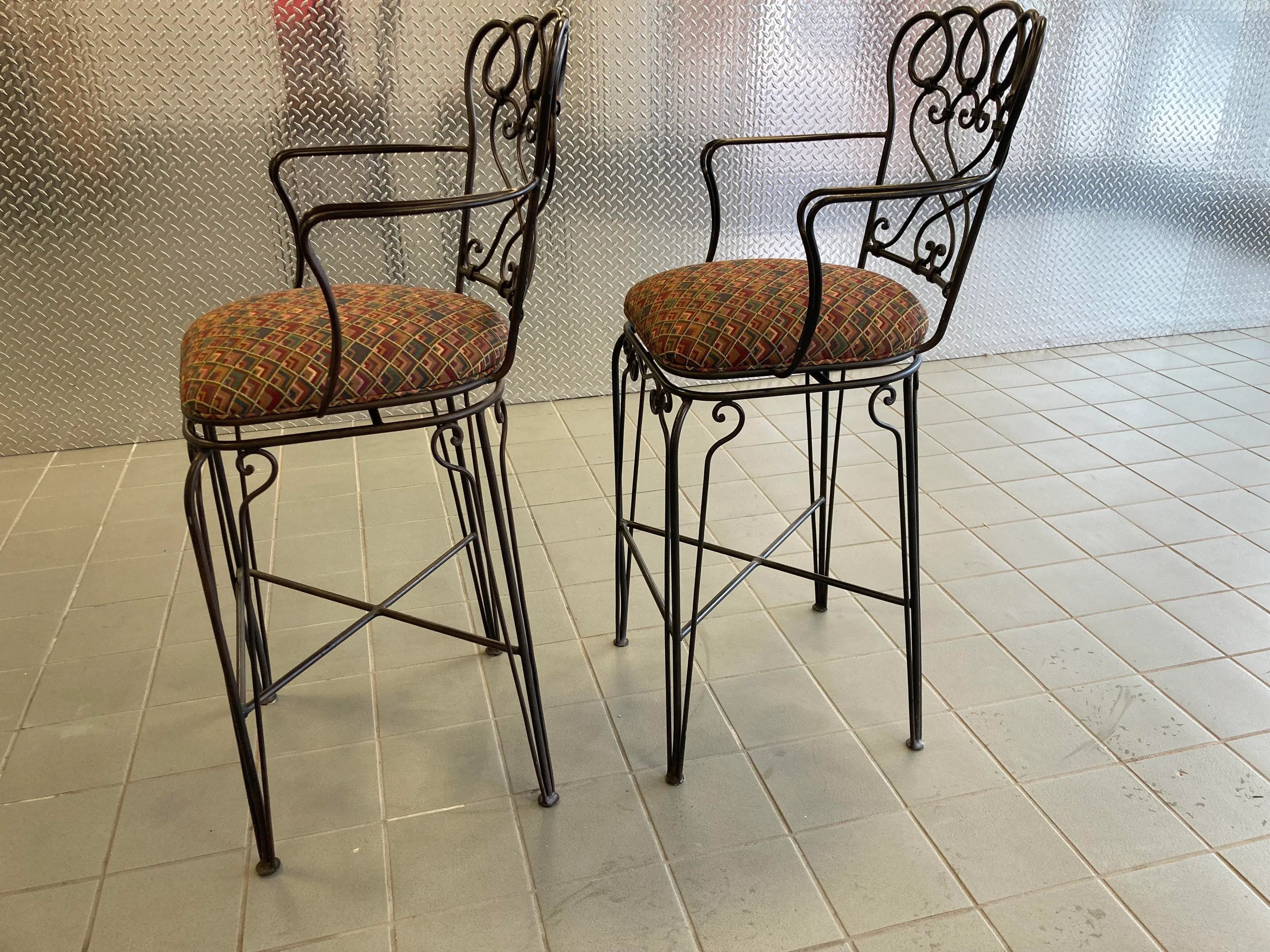 Late 20th Century Ethan Allen Wrought Iron Bar Height Counter Stools - a Pair