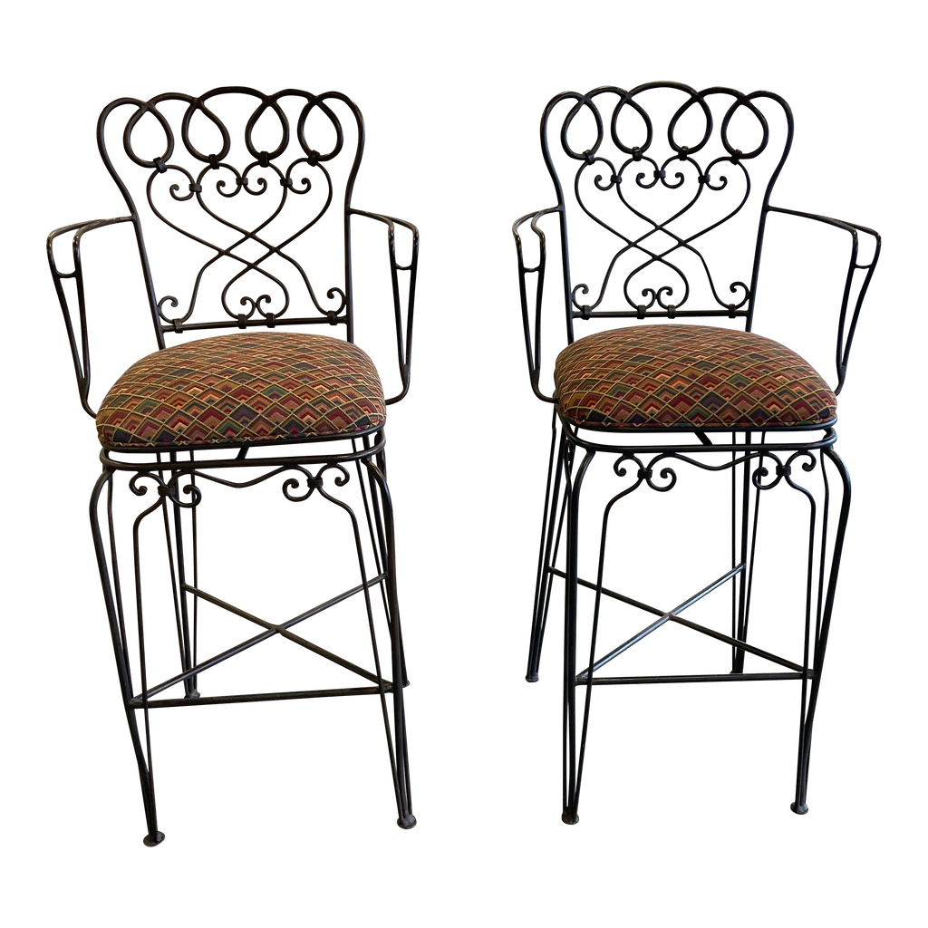 Late 20th Century Ethan Allen Wrought Iron Bar Height Counter Stools - a Pair