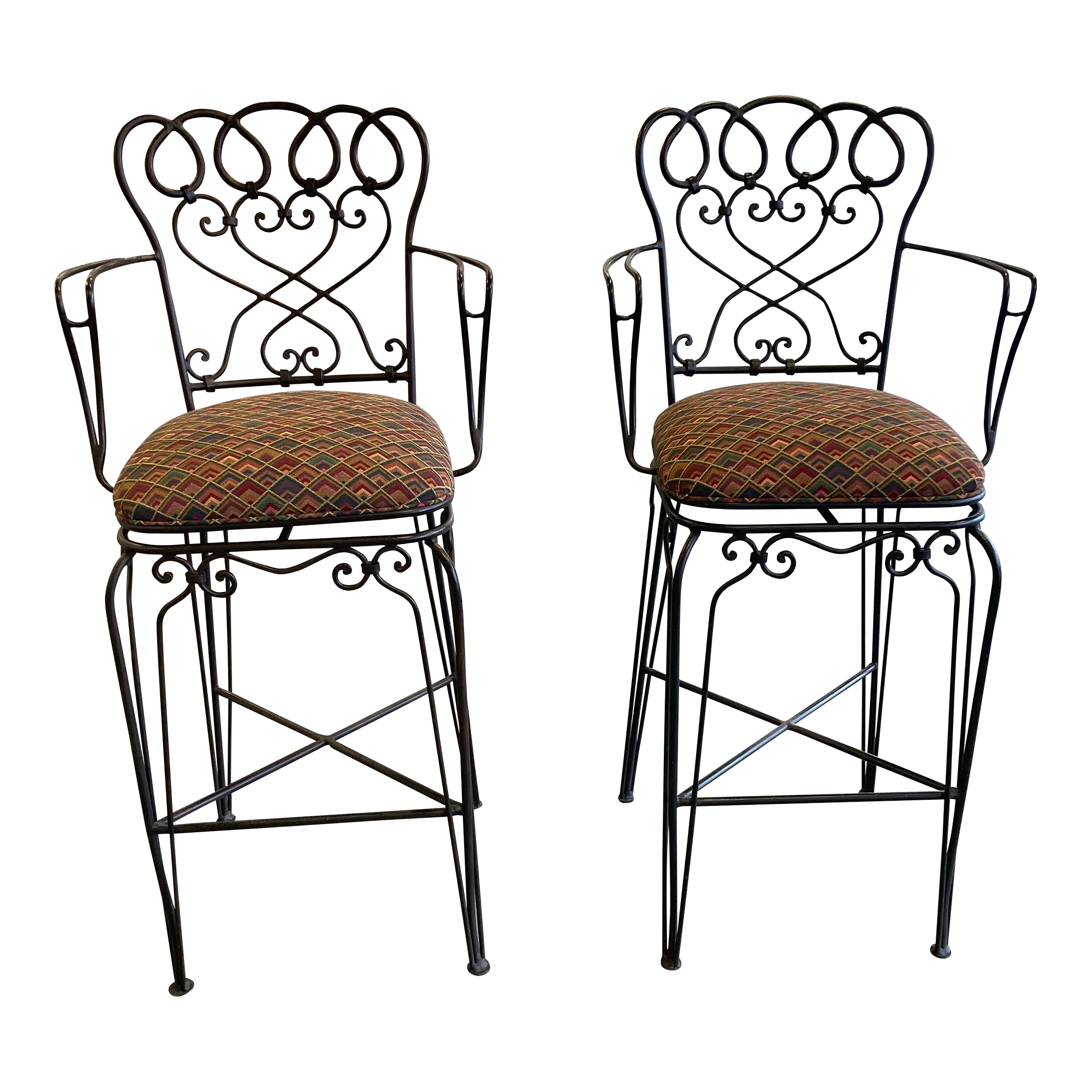 Late 20th Century Ethan Allen Wrought Iron Bar Height Counter Stools - a Pair