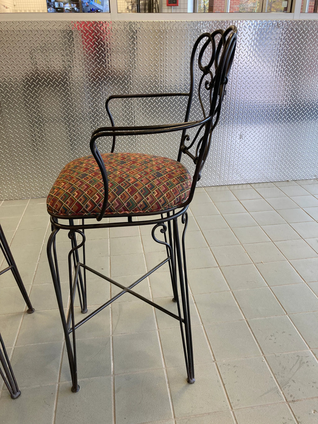 Late 20th Century Ethan Allen Wrought Iron Bar Height Counter Stools - a Pair