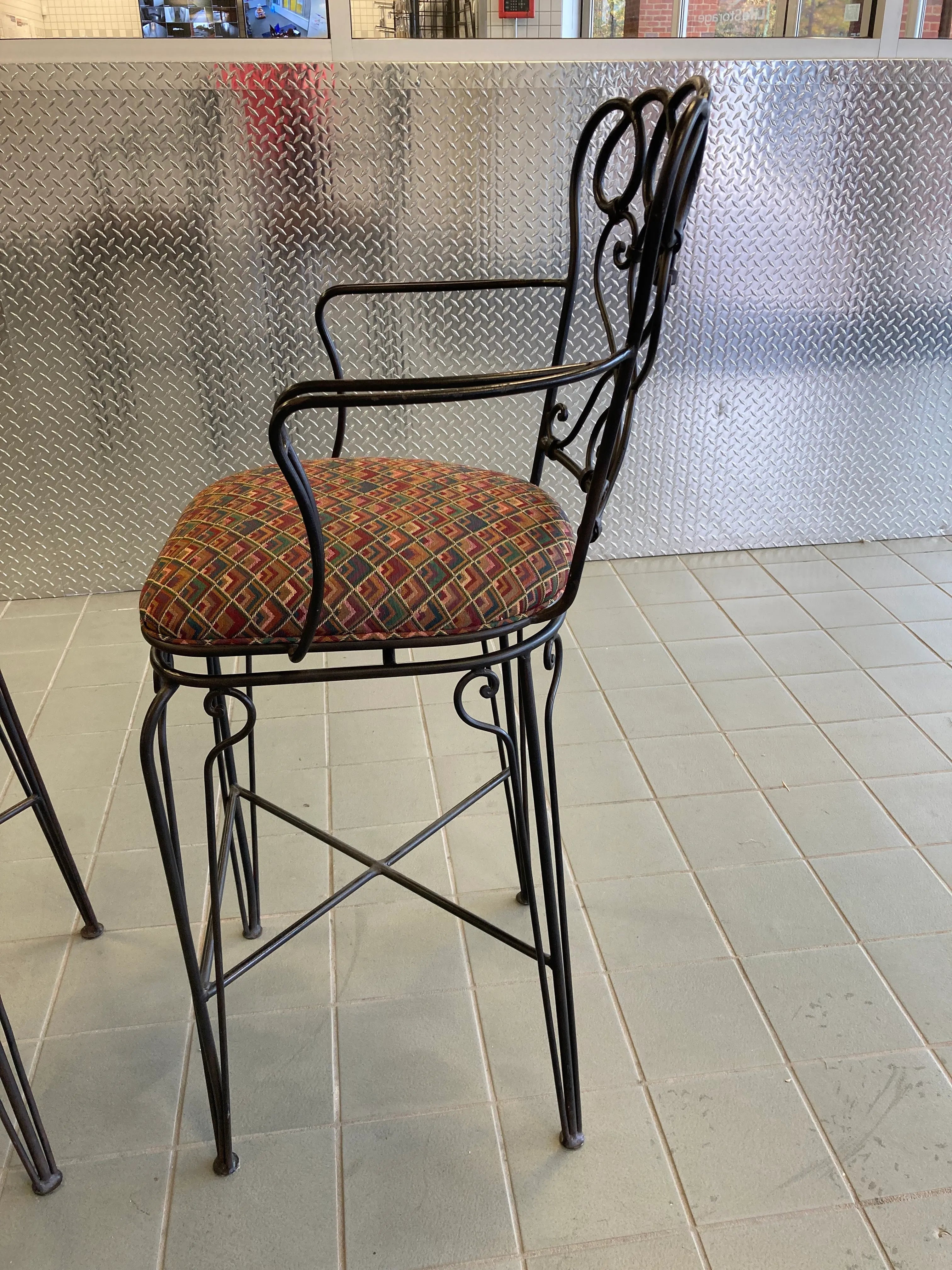 Late 20th Century Ethan Allen Wrought Iron Bar Height Counter Stools - a Pair