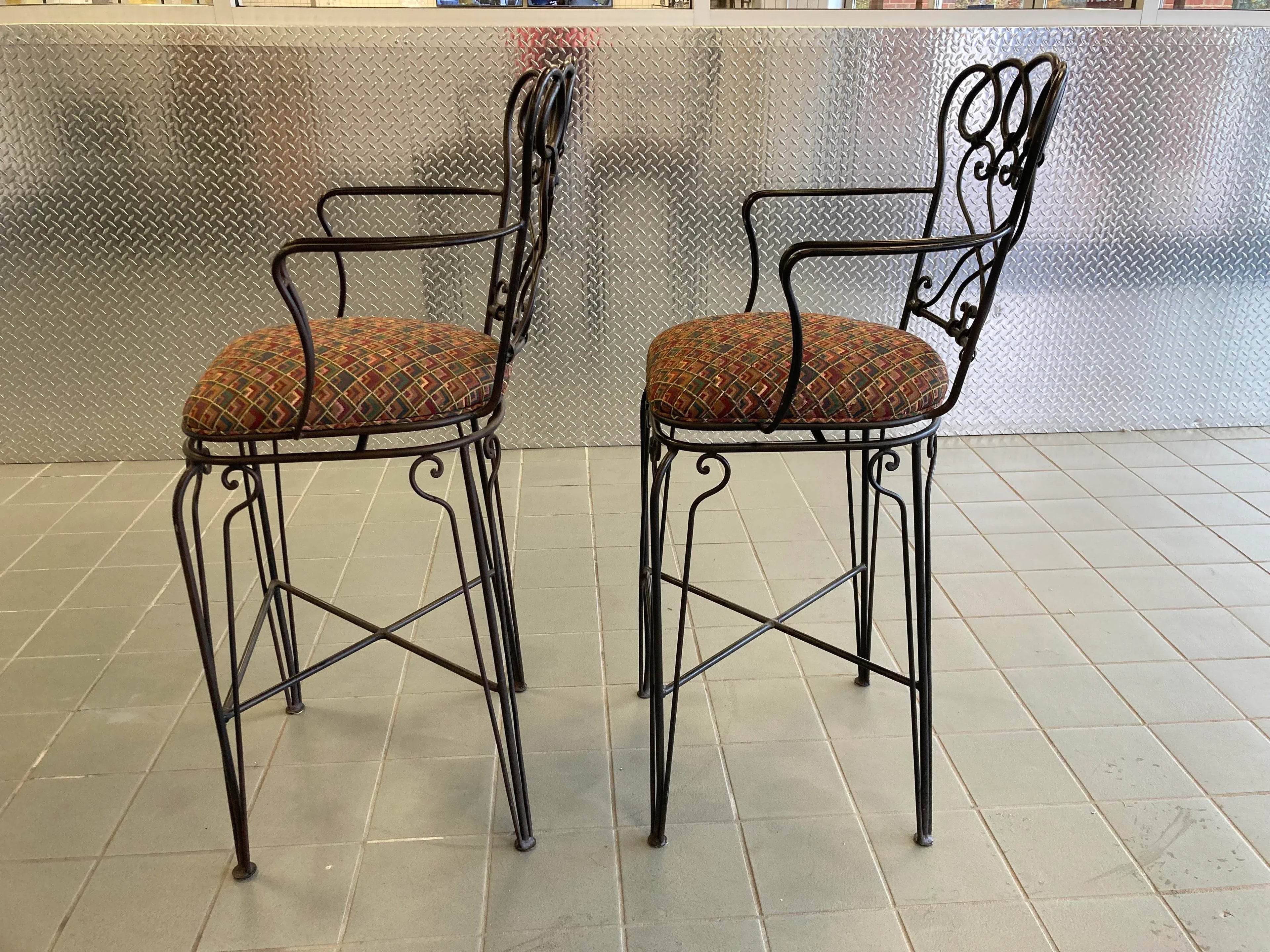 Late 20th Century Ethan Allen Wrought Iron Bar Height Counter Stools - a Pair