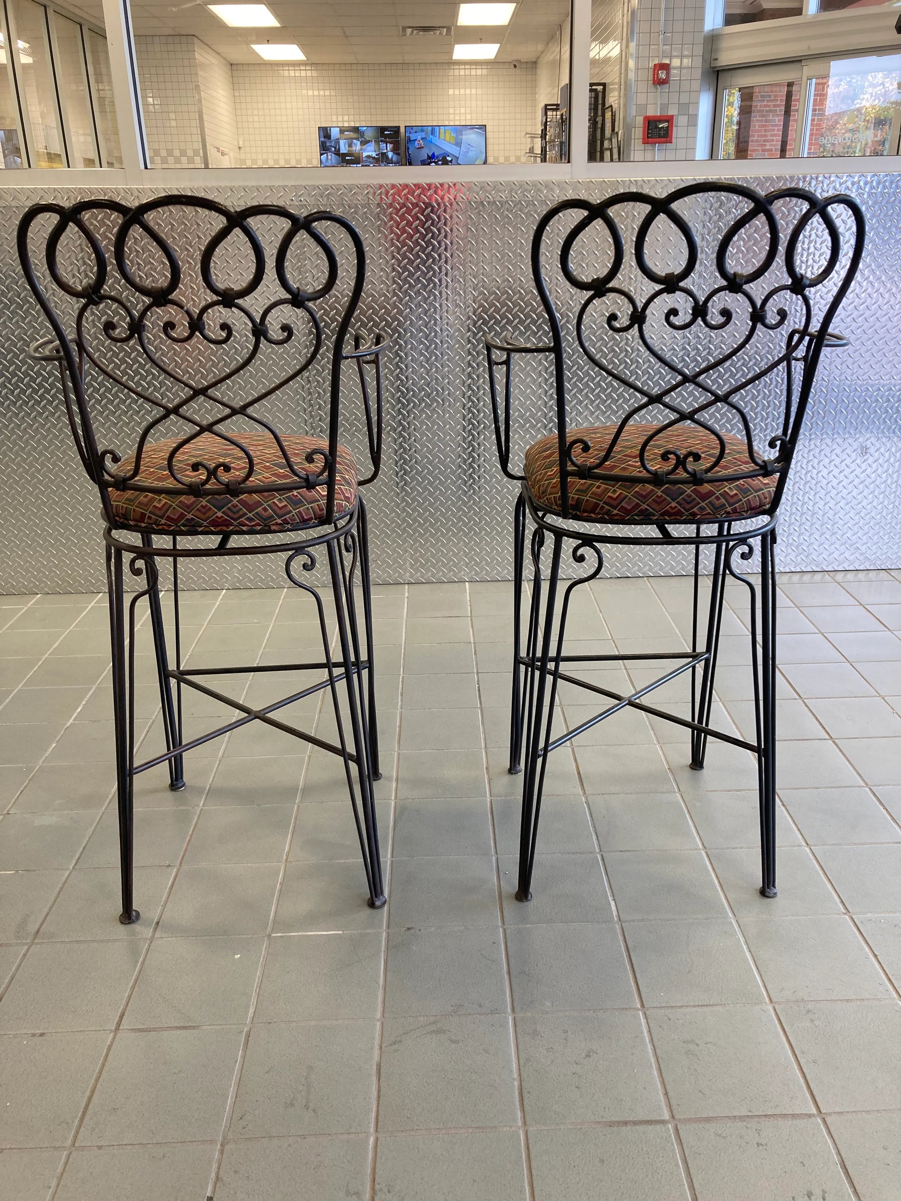 Late 20th Century Ethan Allen Wrought Iron Bar Height Counter Stools - a Pair