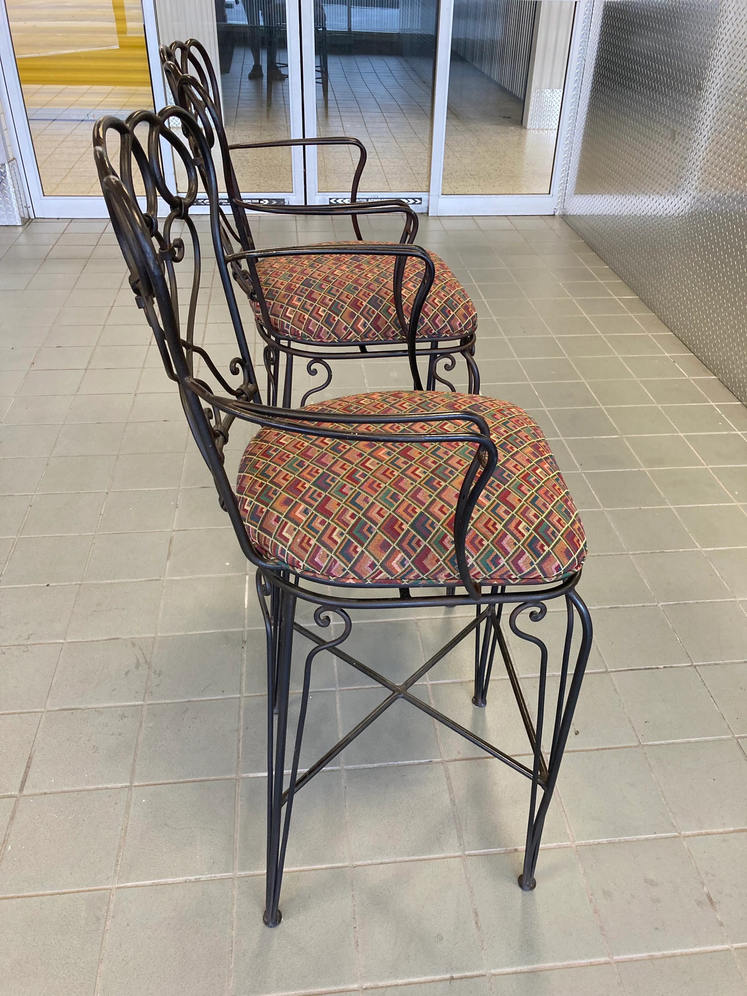 Late 20th Century Ethan Allen Wrought Iron Bar Height Counter Stools - a Pair