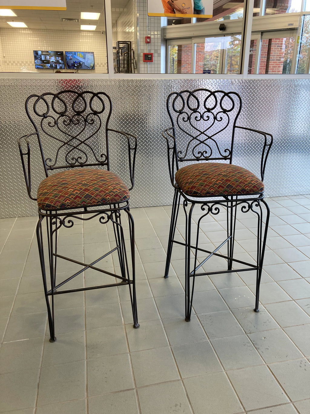 Late 20th Century Ethan Allen Wrought Iron Bar Height Counter Stools - a Pair