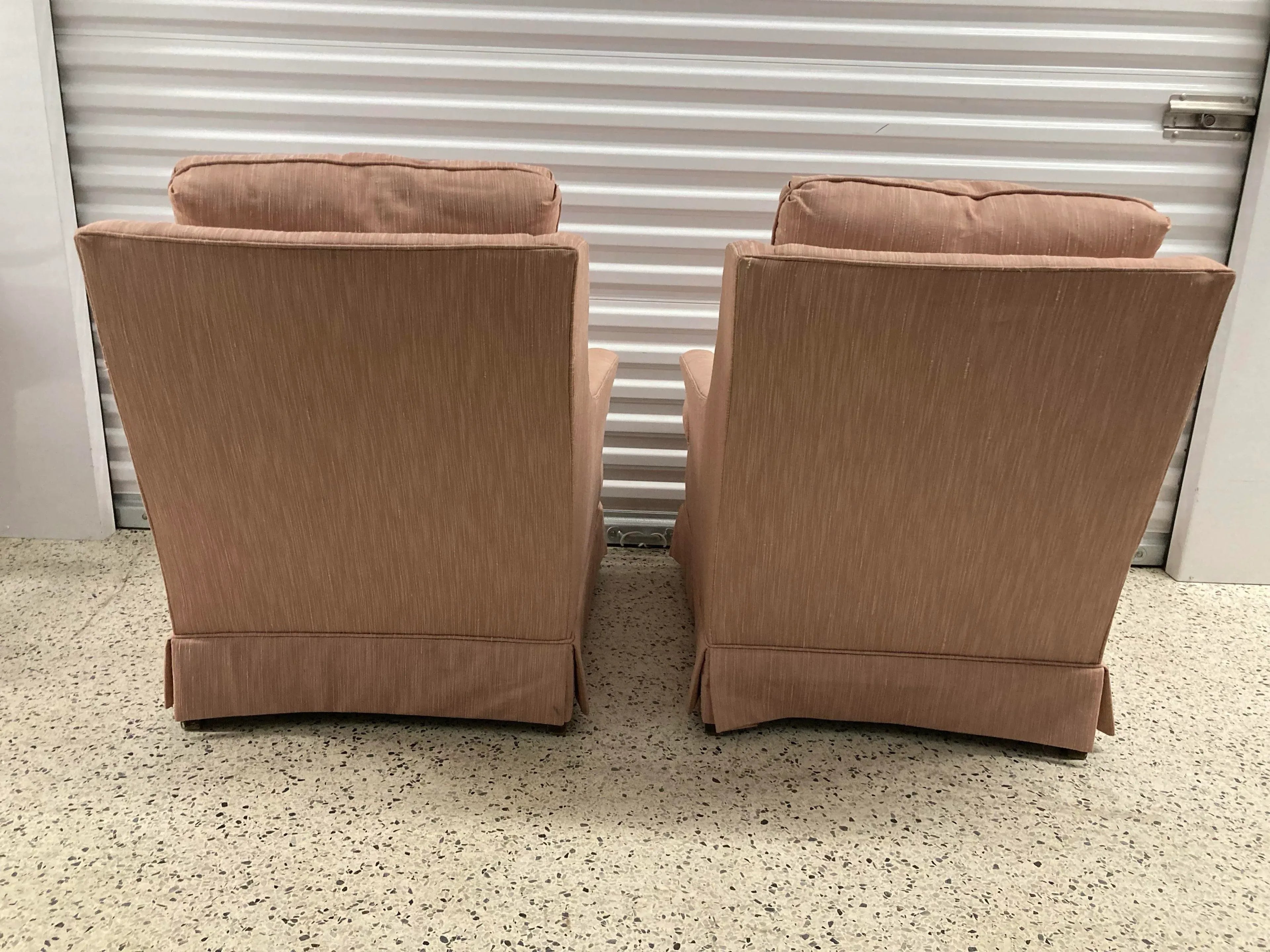 Late 20th Century Hollywood Regency Low Profile Club Chairs in Pink Hatian Cotton by Stanton Cooper Ltd. - Set of 2