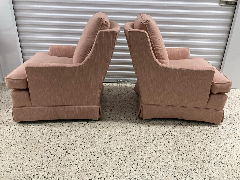 Late 20th Century Hollywood Regency Low Profile Club Chairs in Pink Hatian Cotton by Stanton Cooper Ltd. - Set of 2