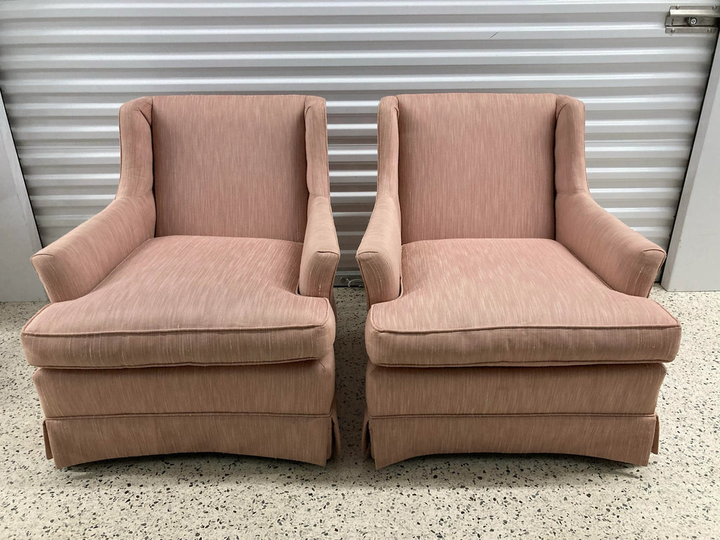 Late 20th Century Hollywood Regency Low Profile Club Chairs in Pink Hatian Cotton by Stanton Cooper Ltd. - Set of 2