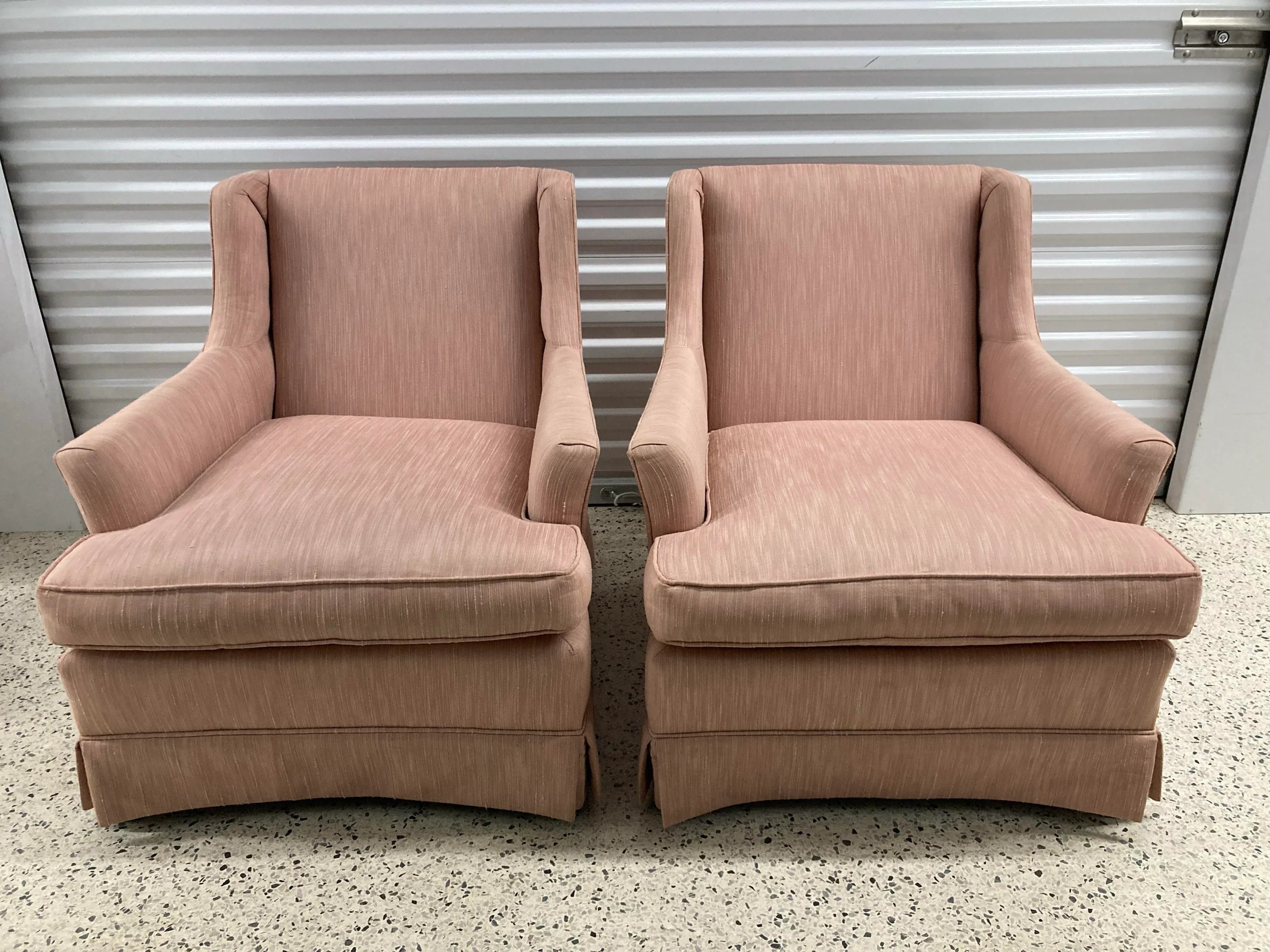 Late 20th Century Hollywood Regency Low Profile Club Chairs in Pink Hatian Cotton by Stanton Cooper Ltd. - Set of 2