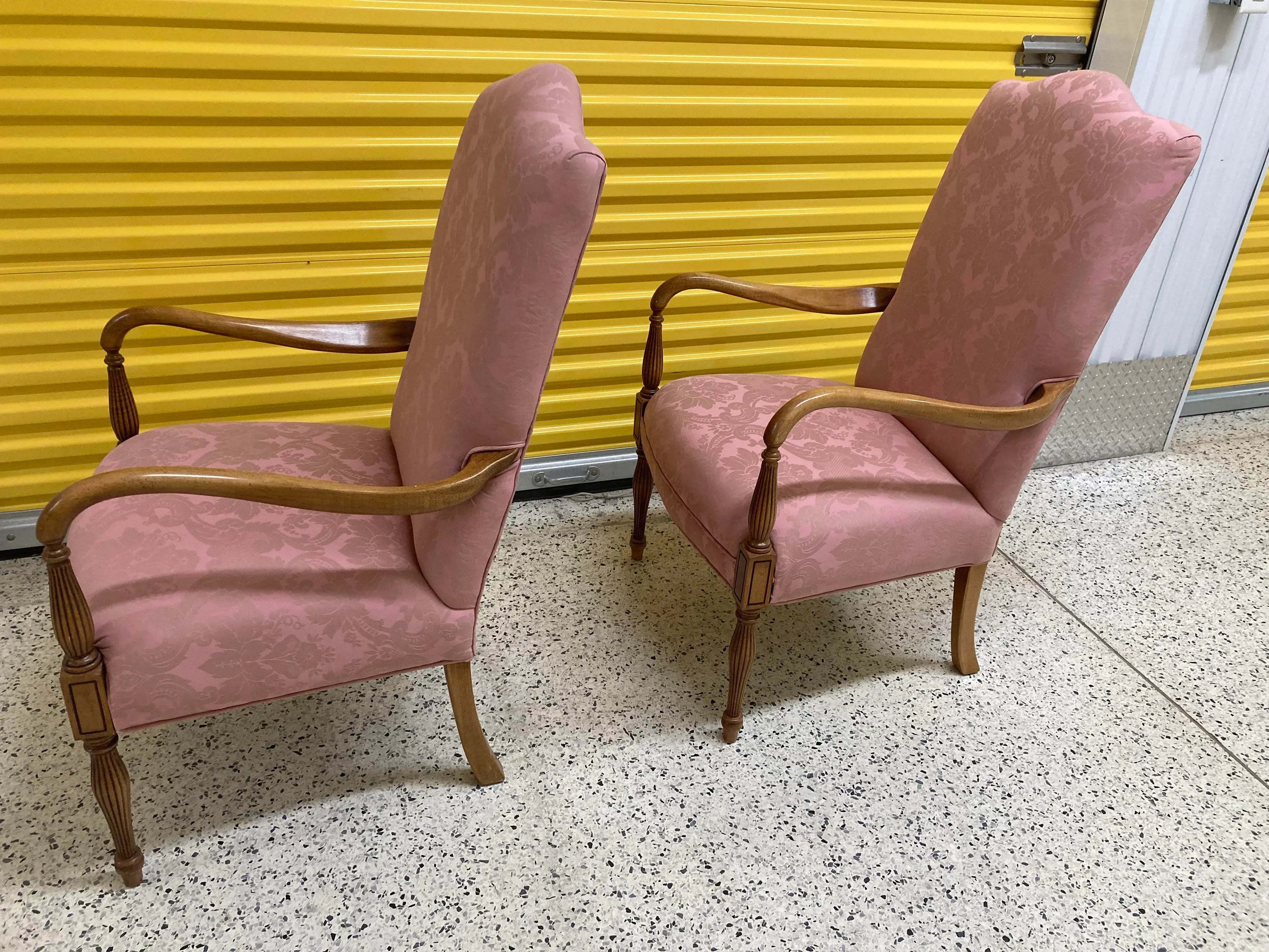 Late 20th Century Library Chairs in Pink Rose Damask by Sam Moore Furniture - A Pair