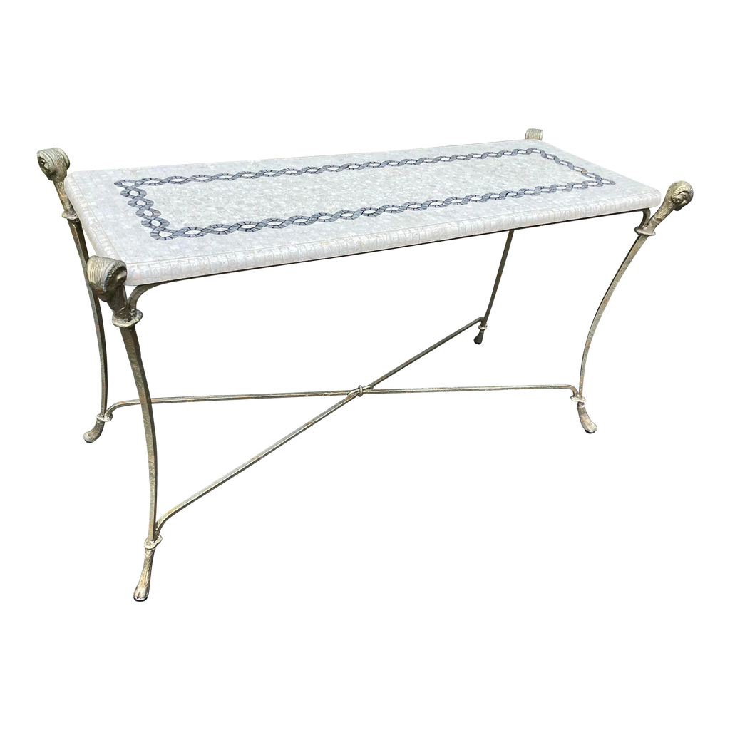 Late 20th Century Neoclassical Iron and Tessellated Stone Ram’s Head Console Table Attributed to Maitland Smith