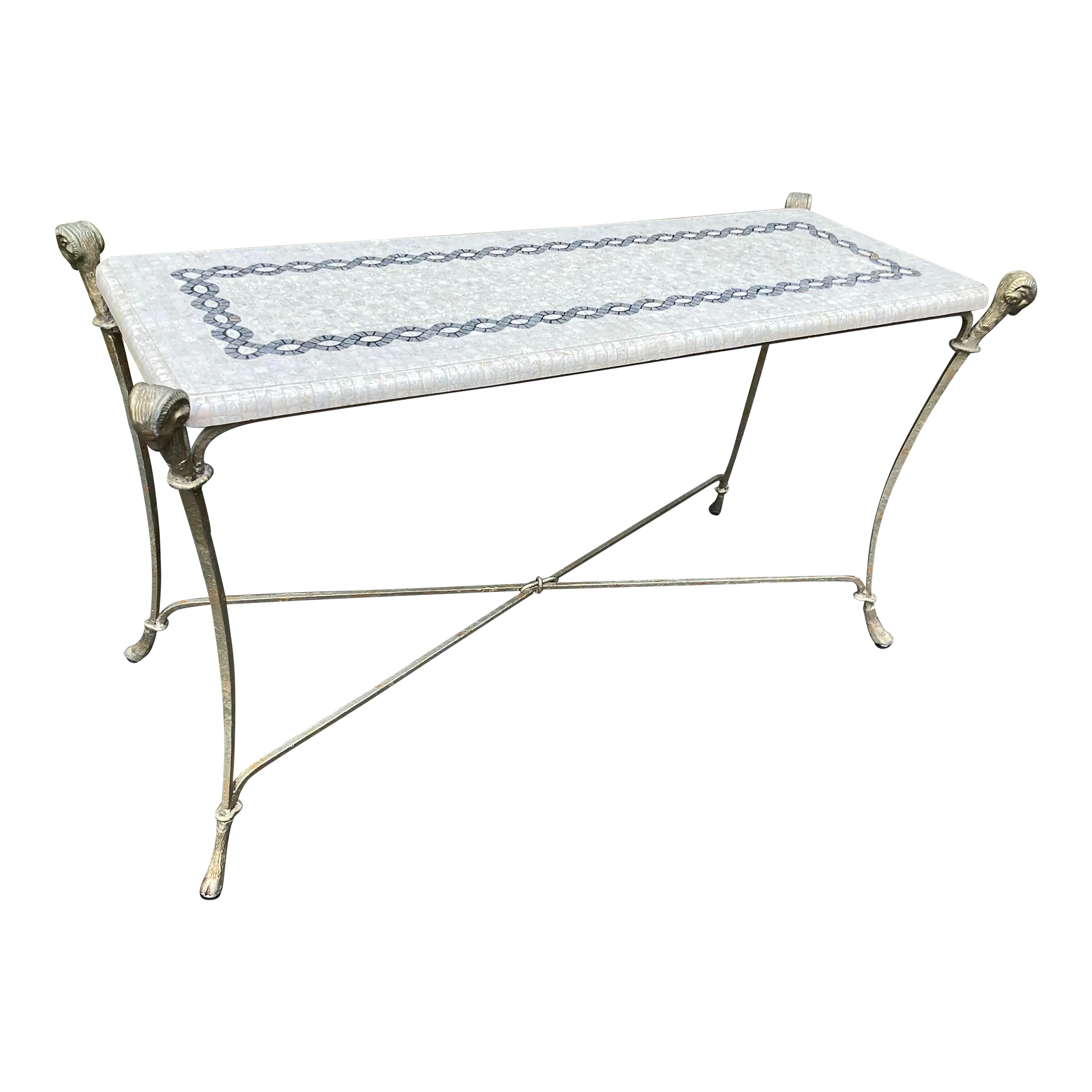 Late 20th Century Neoclassical Iron and Tessellated Stone Ram’s Head Console Table Attributed to Maitland Smith
