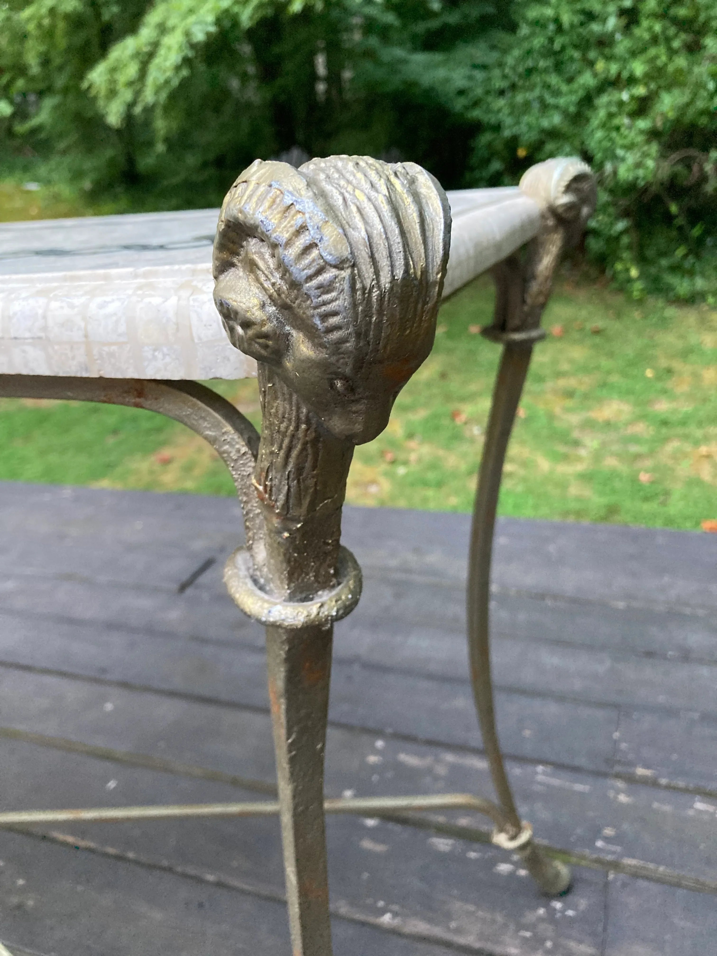 Late 20th Century Neoclassical Iron and Tessellated Stone Ram’s Head Console Table Attributed to Maitland Smith