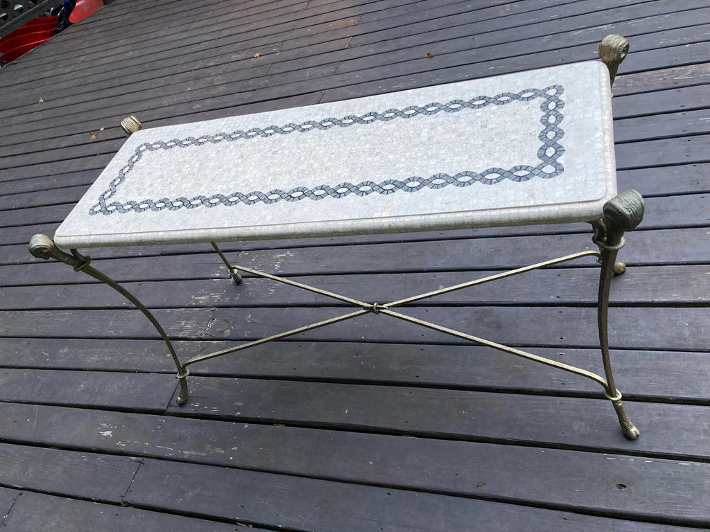 Late 20th Century Neoclassical Iron and Tessellated Stone Ram’s Head Console Table Attributed to Maitland Smith