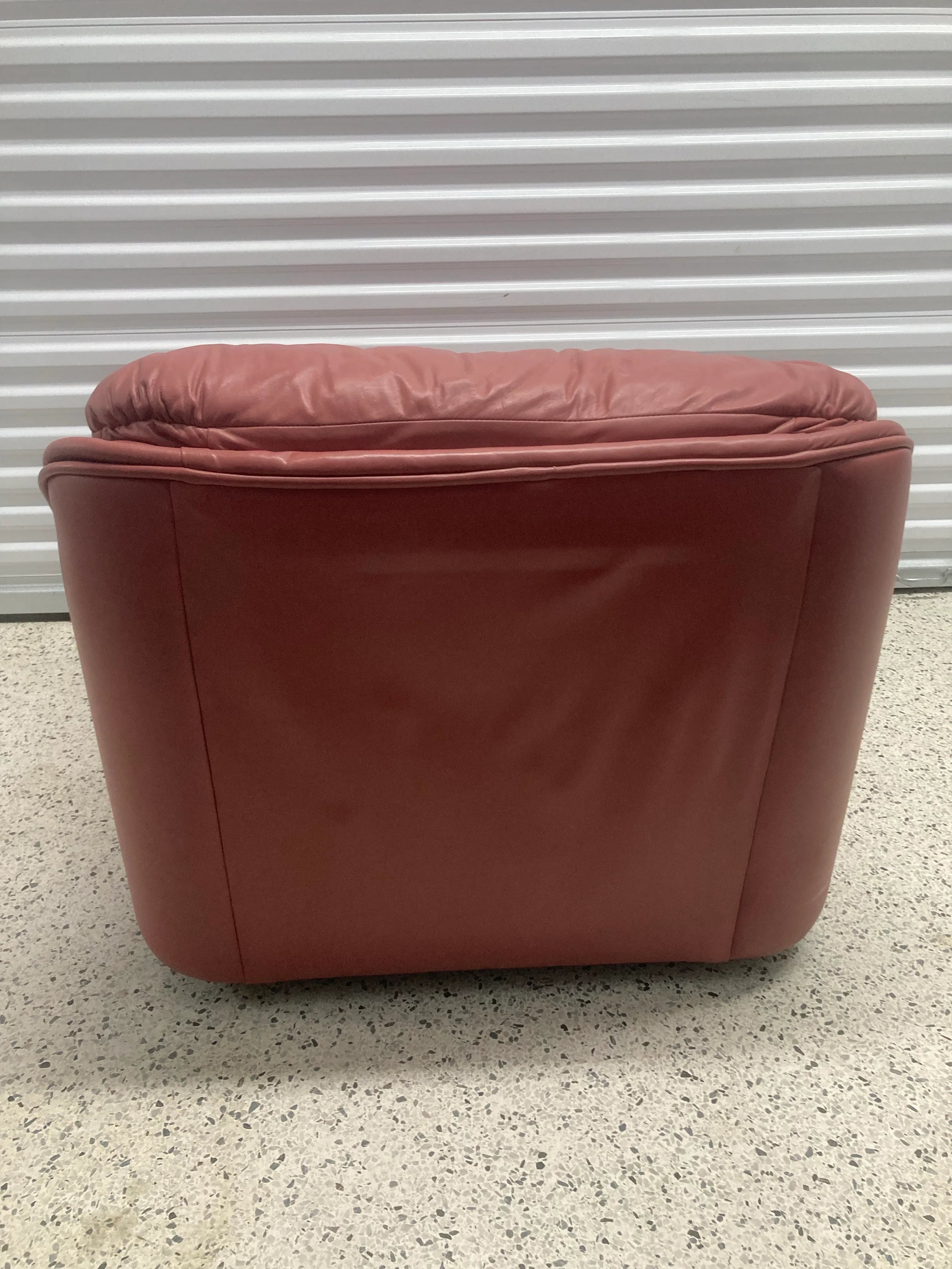 Late 20th Century Postmodern Overstuffed Leather Club Chair and Ottoman in Dusty Rose Leather by Leathercraft