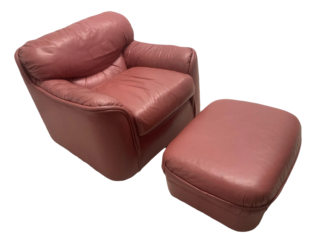 Late 20th Century Postmodern Overstuffed Leather Club Chair and Ottoman in Dusty Rose Leather by Leathercraft