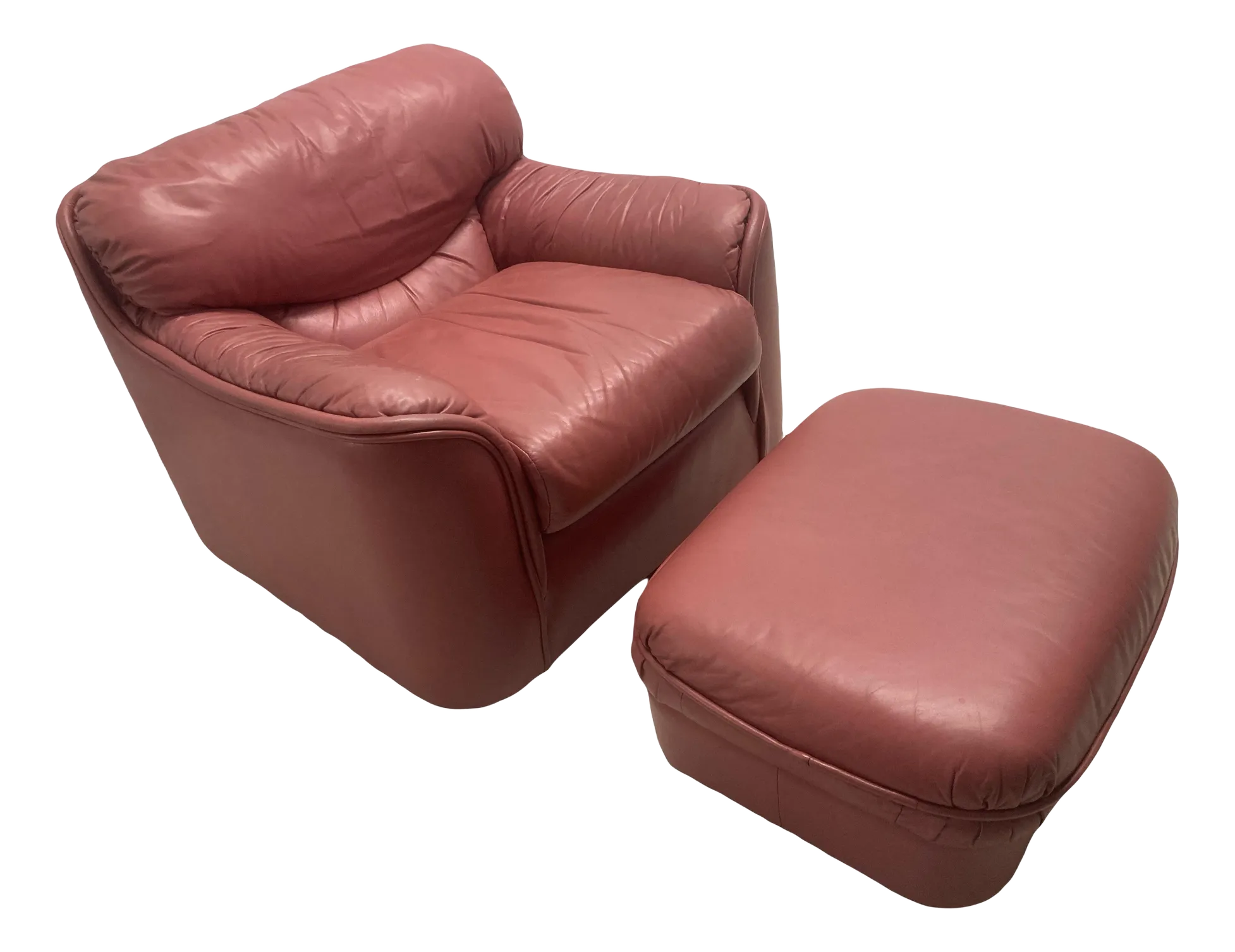 Late 20th Century Postmodern Overstuffed Leather Club Chair and Ottoman in Dusty Rose Leather by Leathercraft