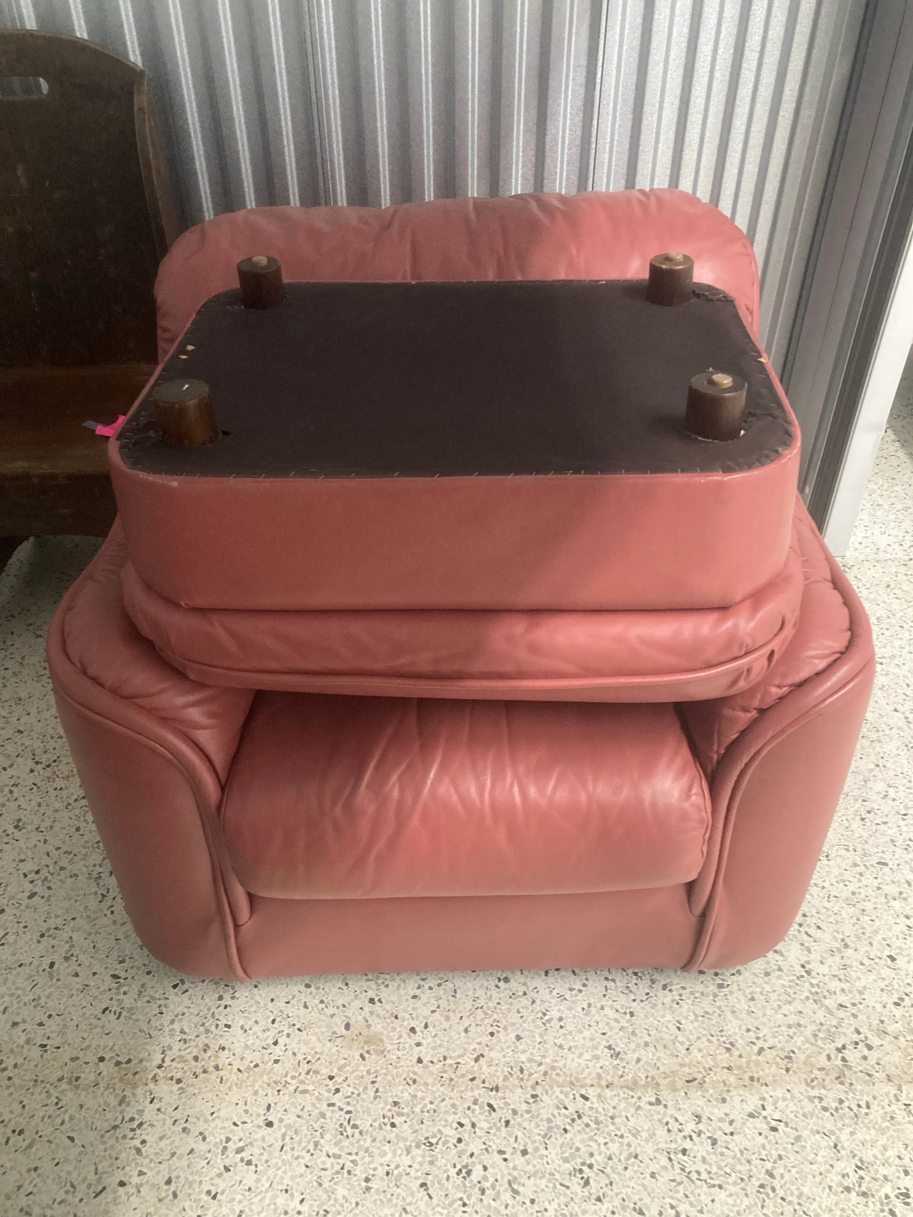 Late 20th Century Postmodern Overstuffed Leather Club Chair and Ottoman in Dusty Rose Leather by Leathercraft