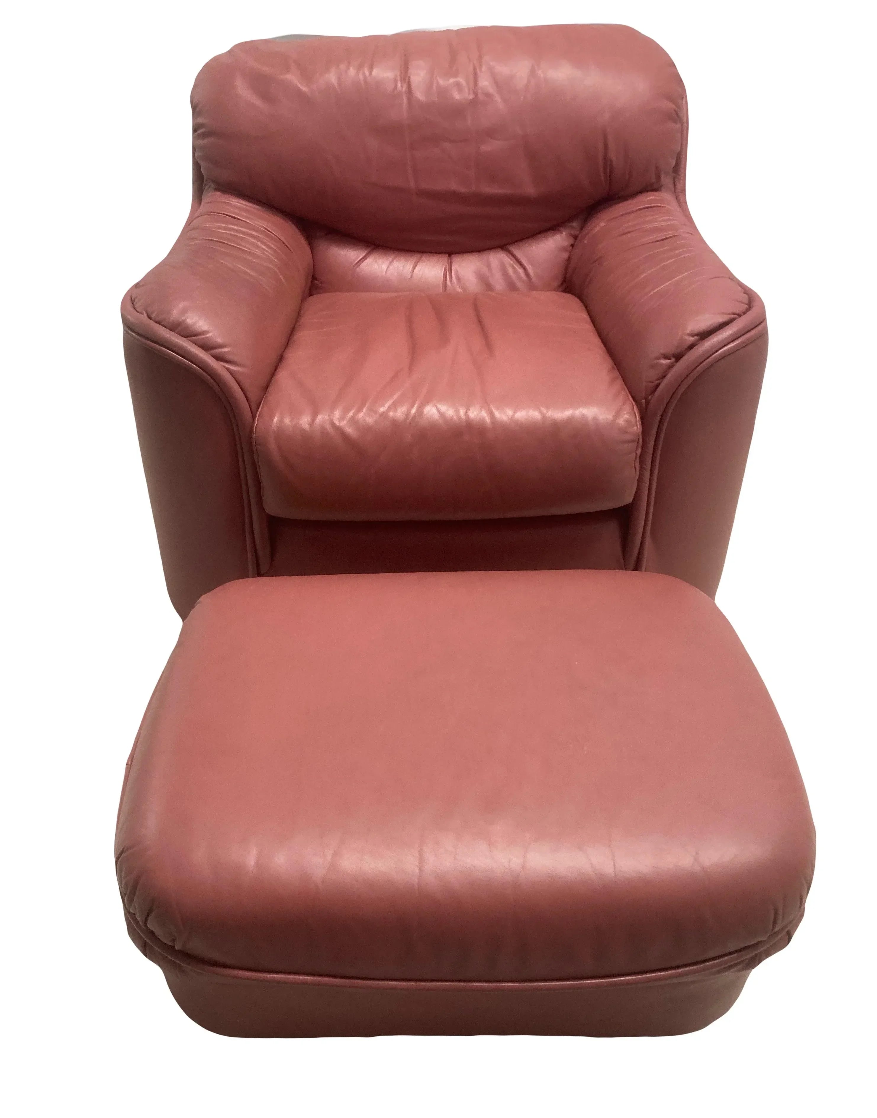 Late 20th Century Postmodern Overstuffed Leather Club Chair and Ottoman in Dusty Rose Leather by Leathercraft