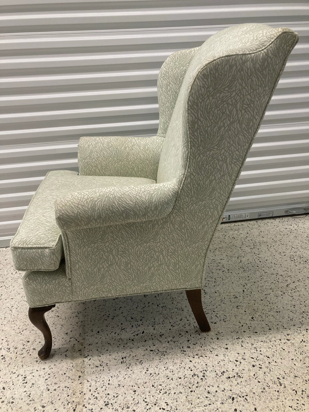 Late 20th Century Queen Anne Wingback Chair In Sage and White Upholstery