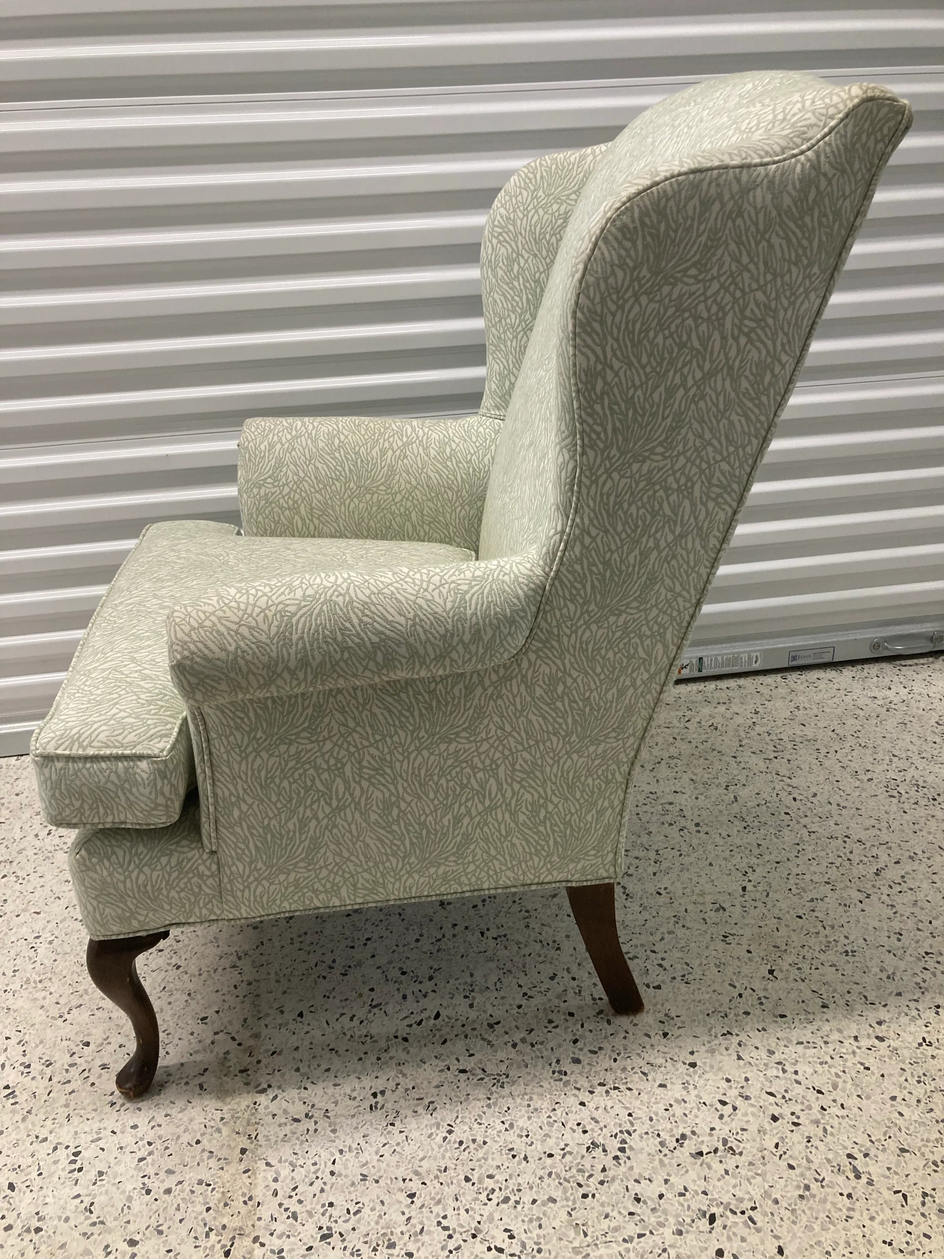 Late 20th Century Queen Anne Wingback Chair In Sage and White Upholstery