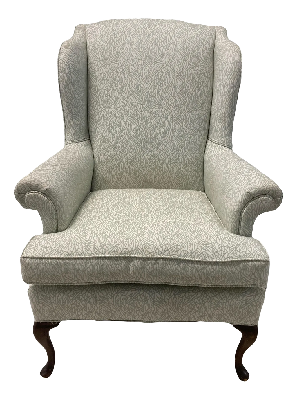 Late 20th Century Queen Anne Wingback Chair In Sage and White Upholstery