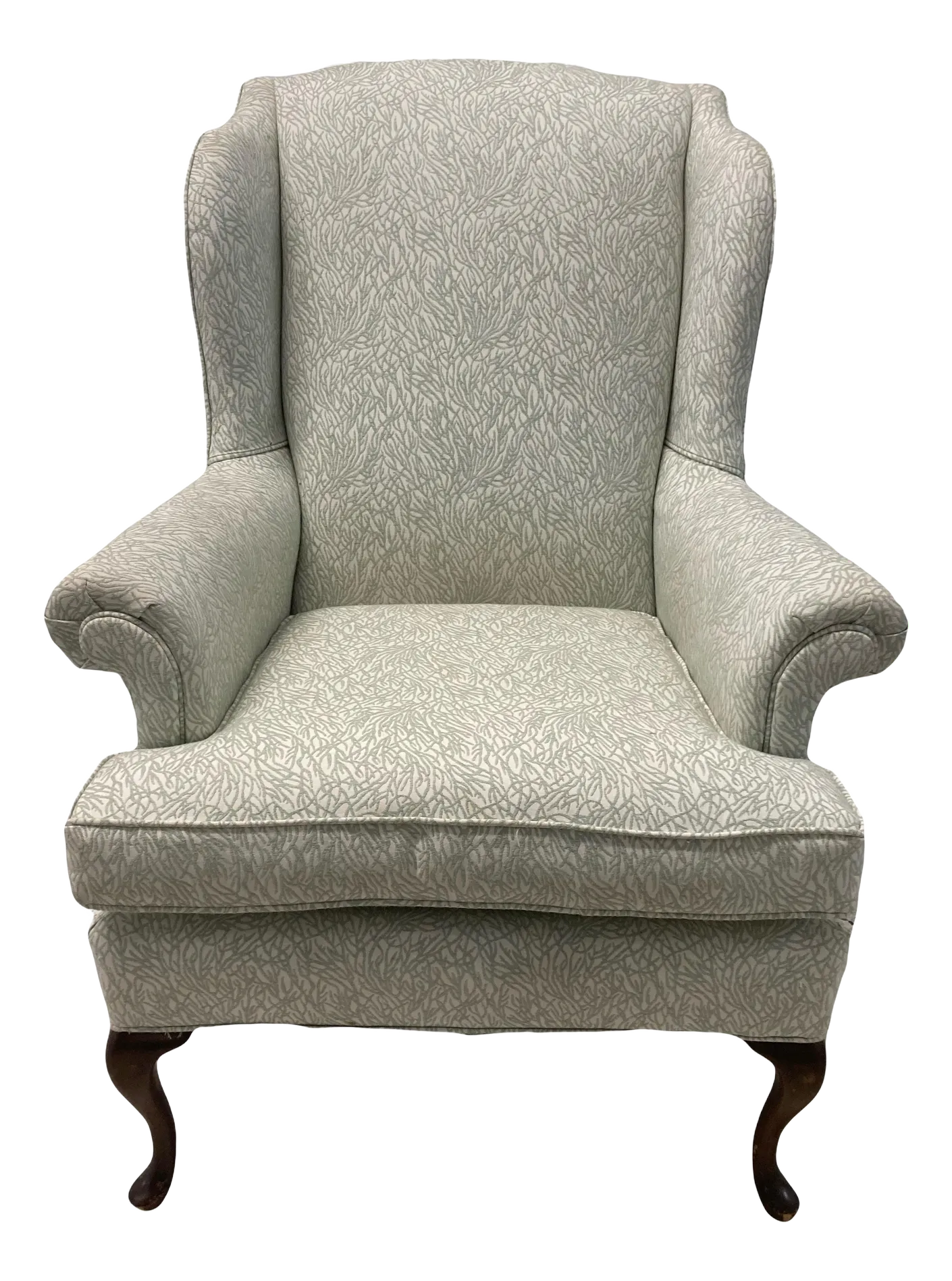 Late 20th Century Queen Anne Wingback Chair In Sage and White Upholstery