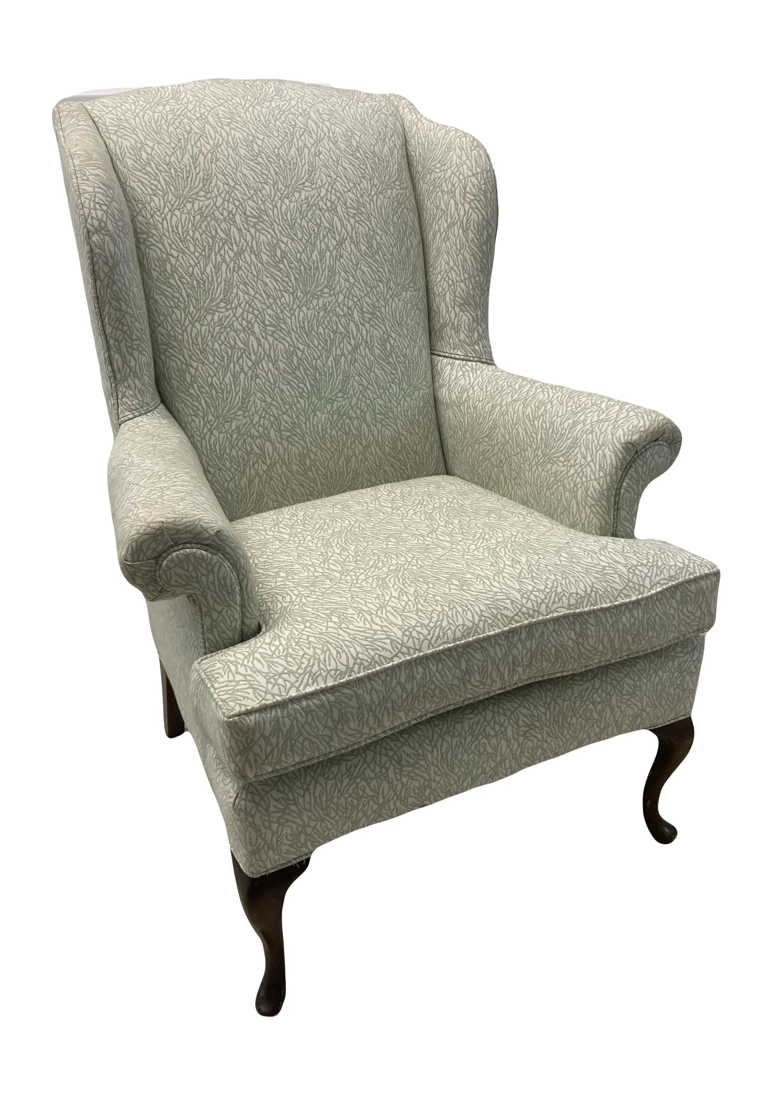 Late 20th Century Queen Anne Wingback Chair In Sage and White Upholstery