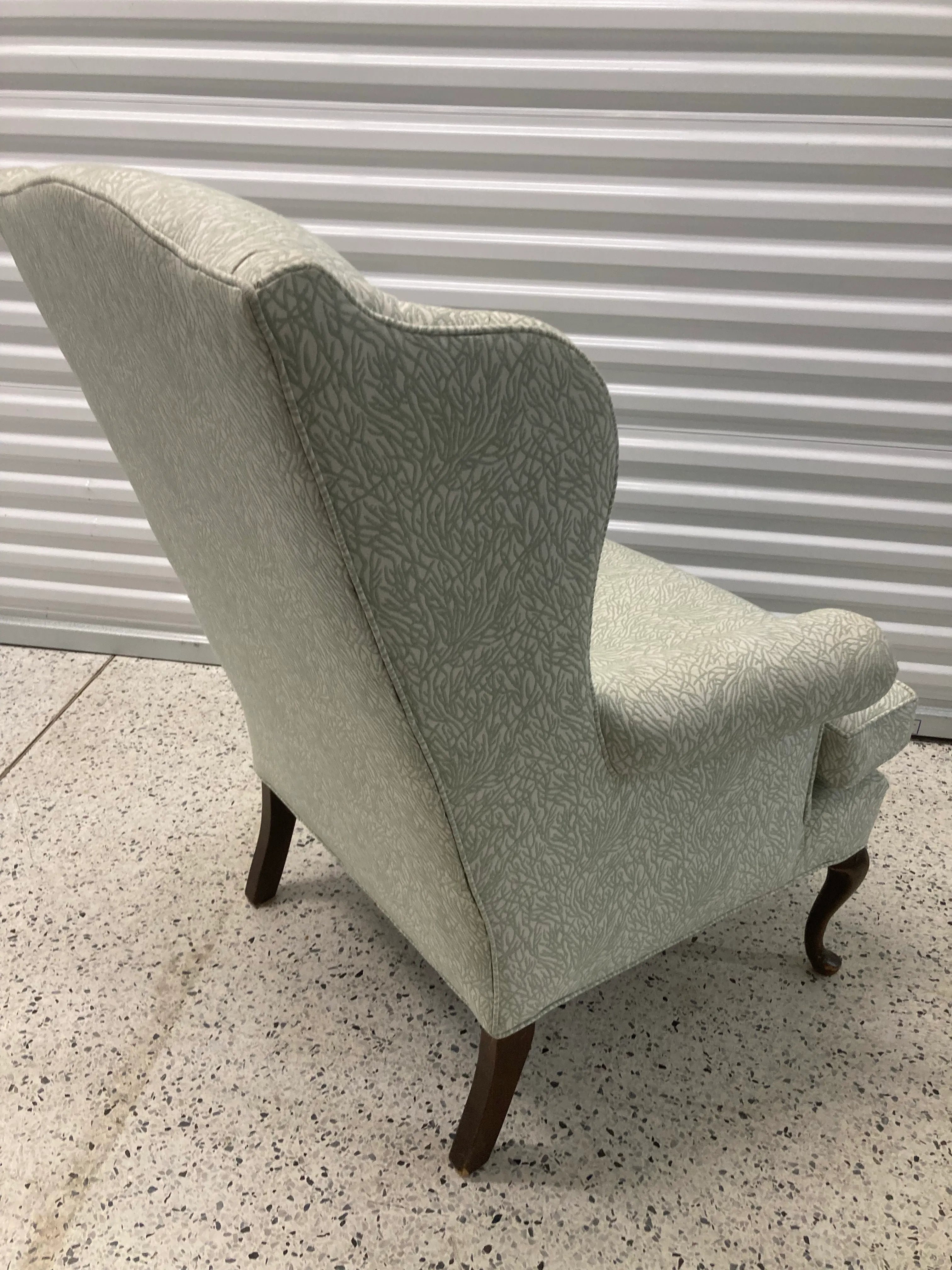 Late 20th Century Queen Anne Wingback Chair In Sage and White Upholstery