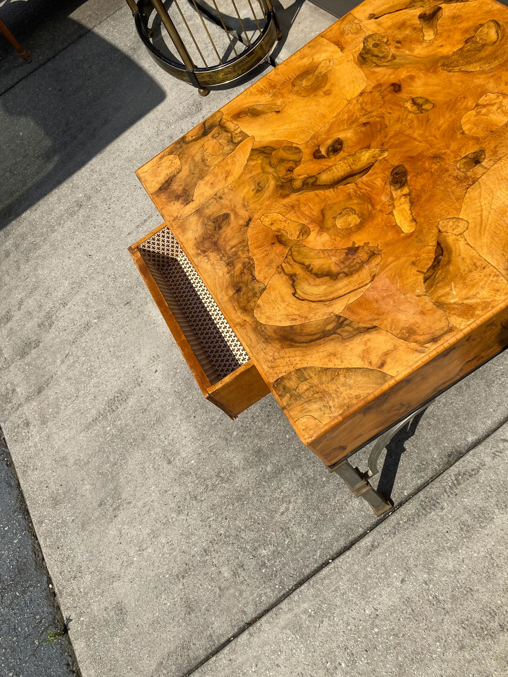 Maison Jansen Style Mid-20th Century Italian Burlwood Campaign Side Table