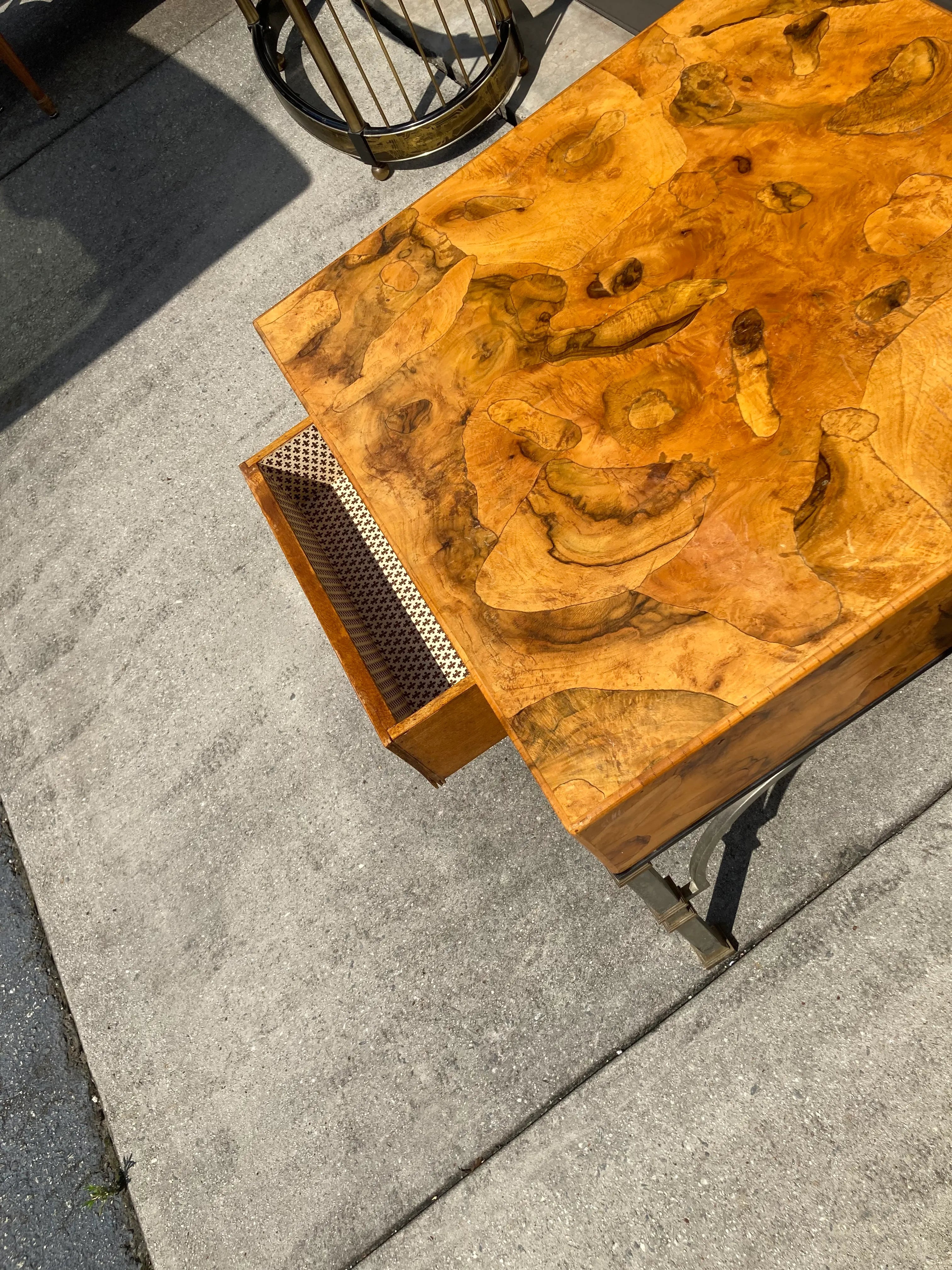 Maison Jansen Style Mid-20th Century Italian Burlwood Campaign Side Table