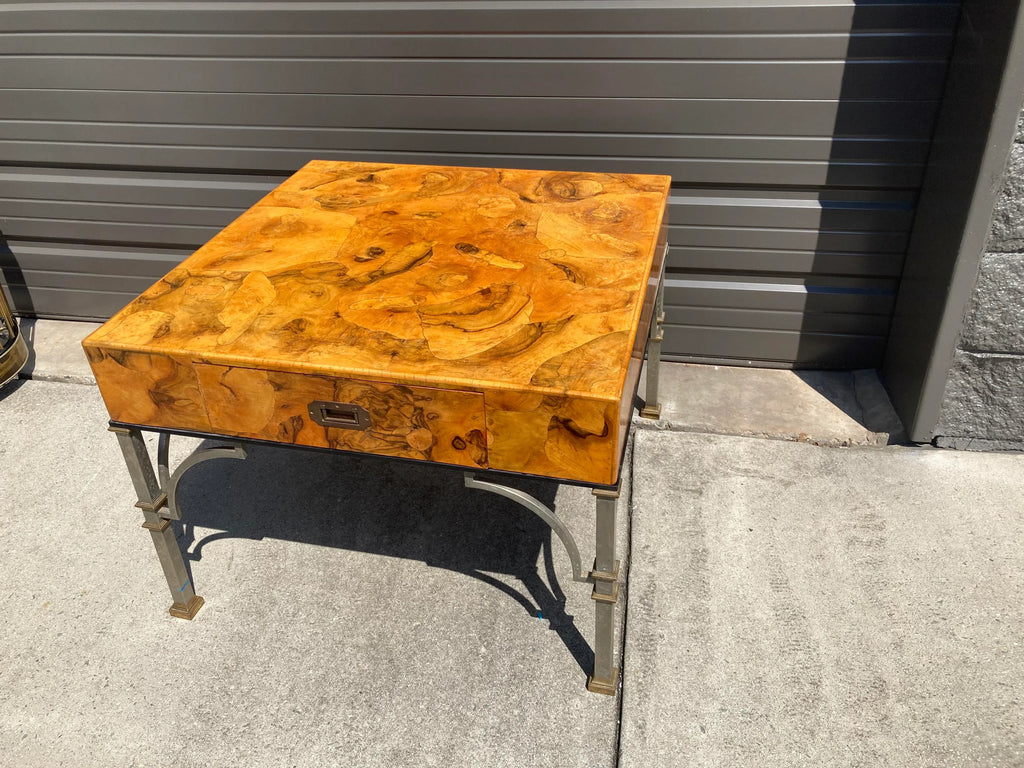 Maison Jansen Style Mid-20th Century Italian Burlwood Campaign Side Table