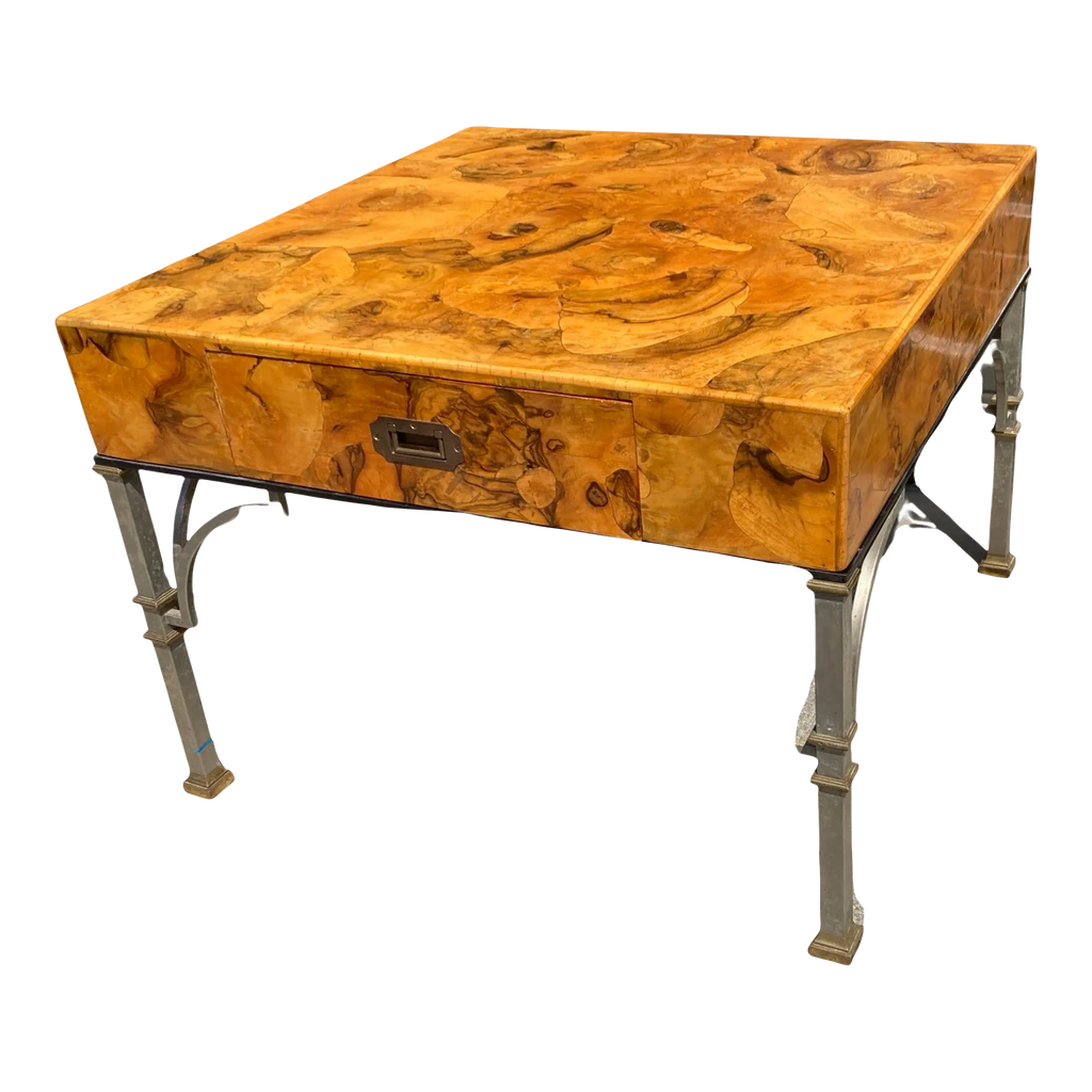 Maison Jansen Style Mid-20th Century Italian Burlwood Campaign Side Table