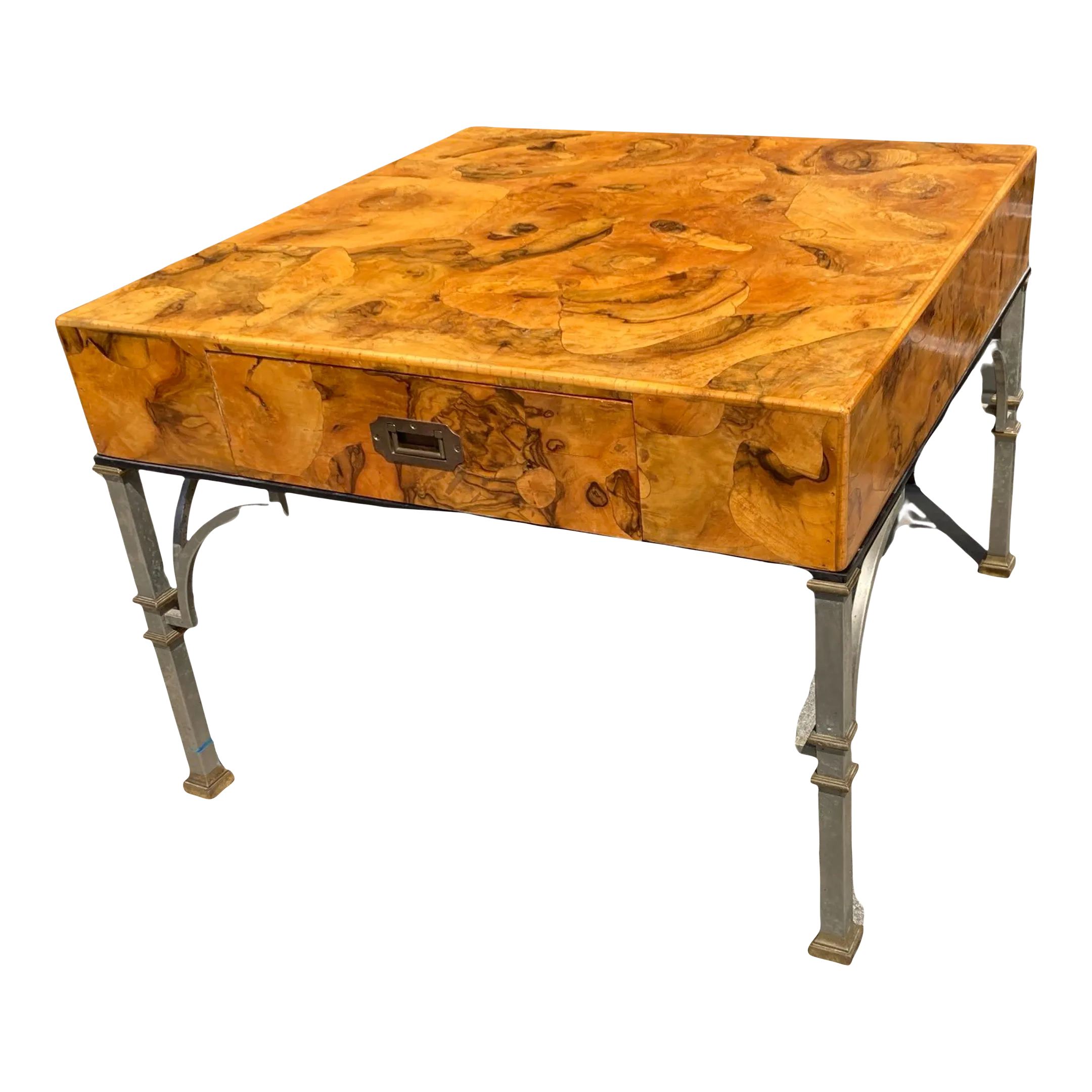 Maison Jansen Style Mid-20th Century Italian Burlwood Campaign Side Table