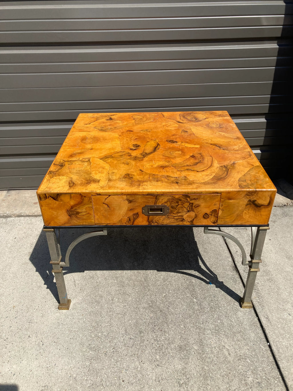 Maison Jansen Style Mid-20th Century Italian Burlwood Campaign Side Table