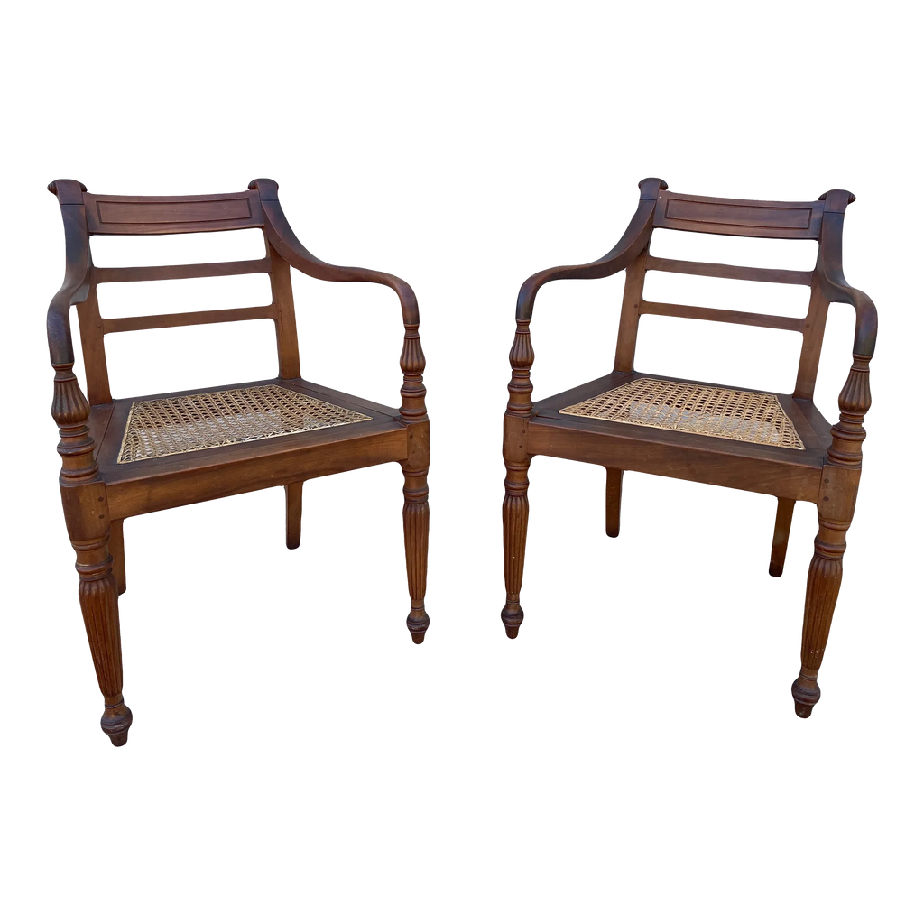 Mid 19th Century Antique Regency Anglo-Indian Elbow Chairs With Caned Seats - a Pair