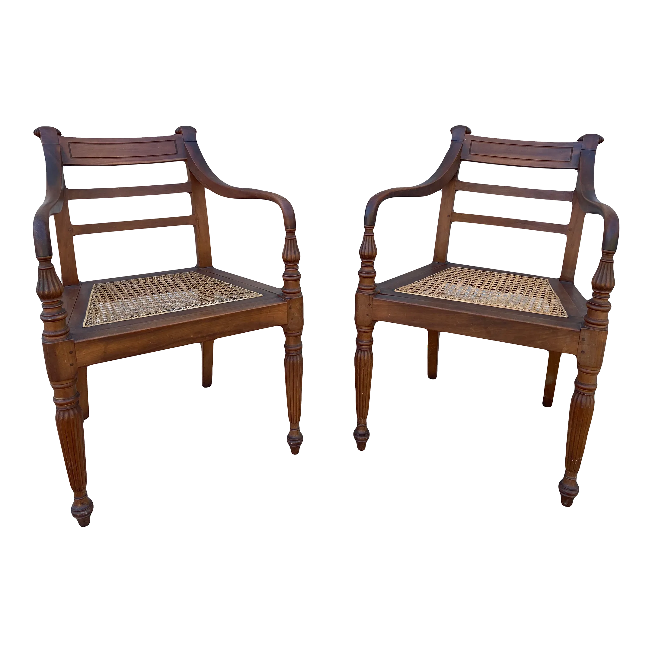 Mid 19th Century Antique Regency Anglo-Indian Elbow Chairs With Caned Seats - a Pair