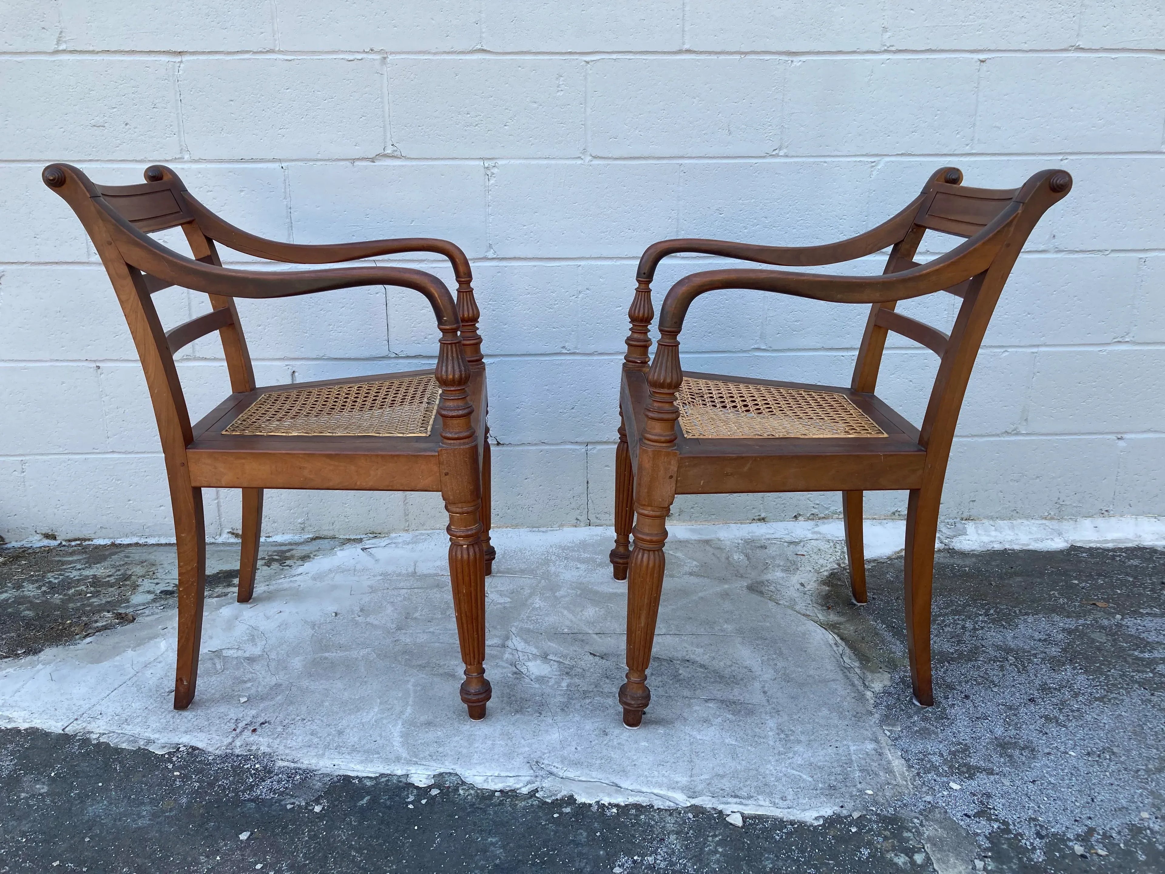 Mid 19th Century Antique Regency Anglo-Indian Elbow Chairs With Caned Seats - a Pair