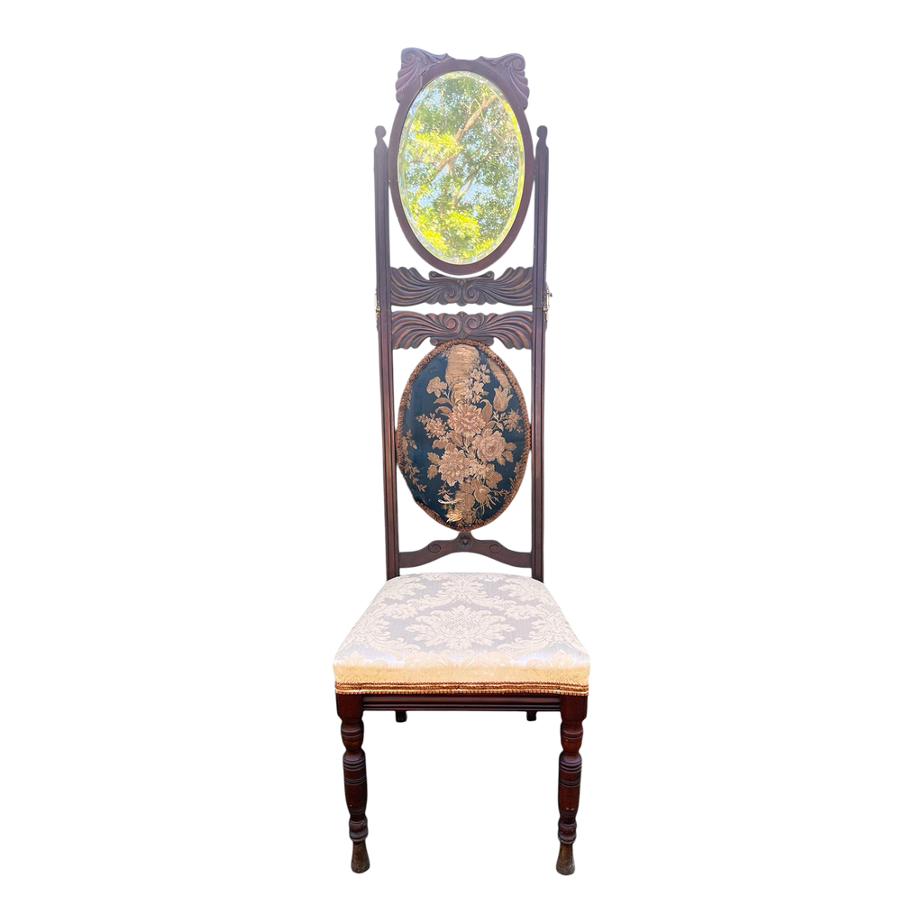 Mid-19th Century Dressing Chair With Convertible Mirror Seatback in Off-White Jacquard Fabric