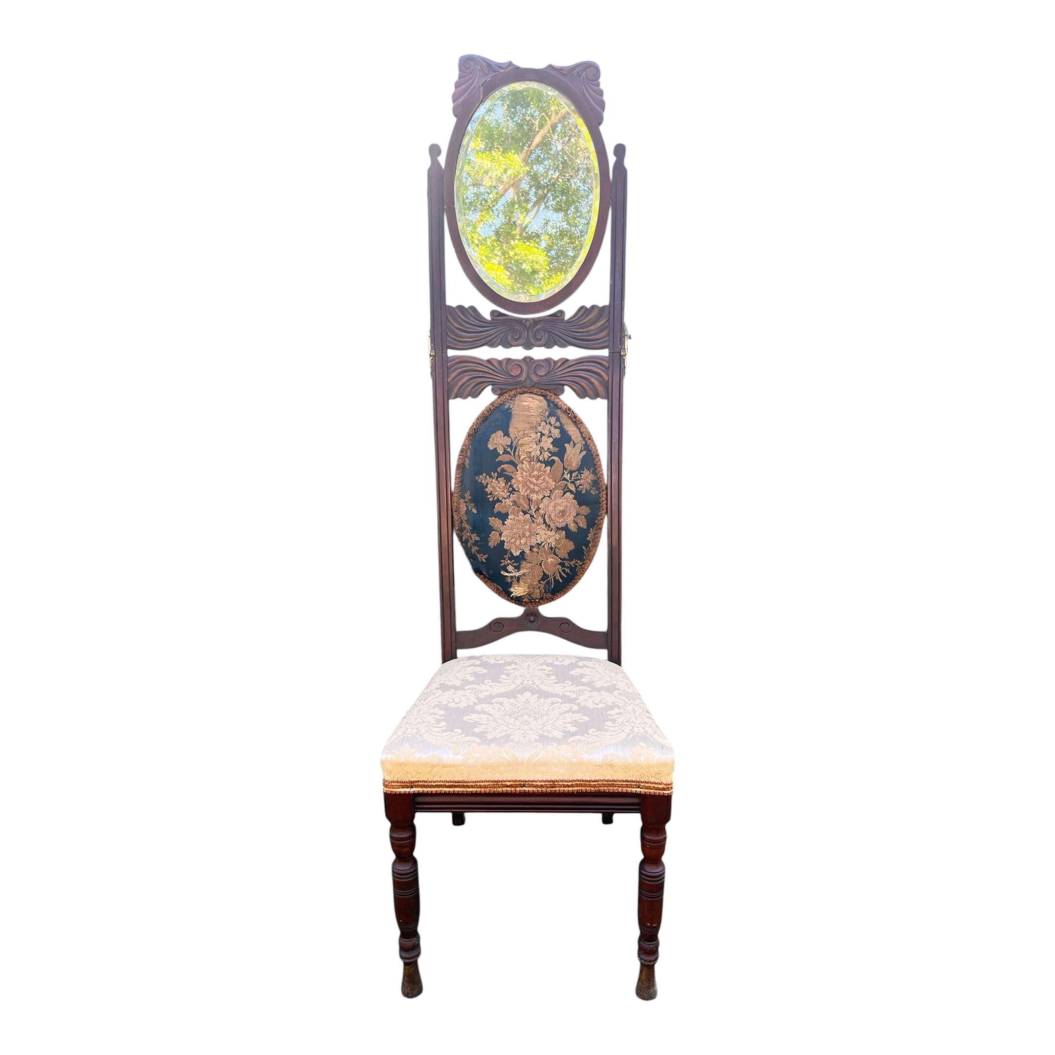 Mid-19th Century Dressing Chair With Convertible Mirror Seatback in Off-White Jacquard Fabric