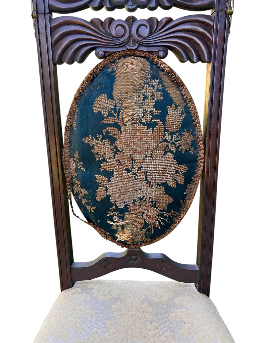 Mid-19th Century Dressing Chair With Convertible Mirror Seatback in Off-White Jacquard Fabric