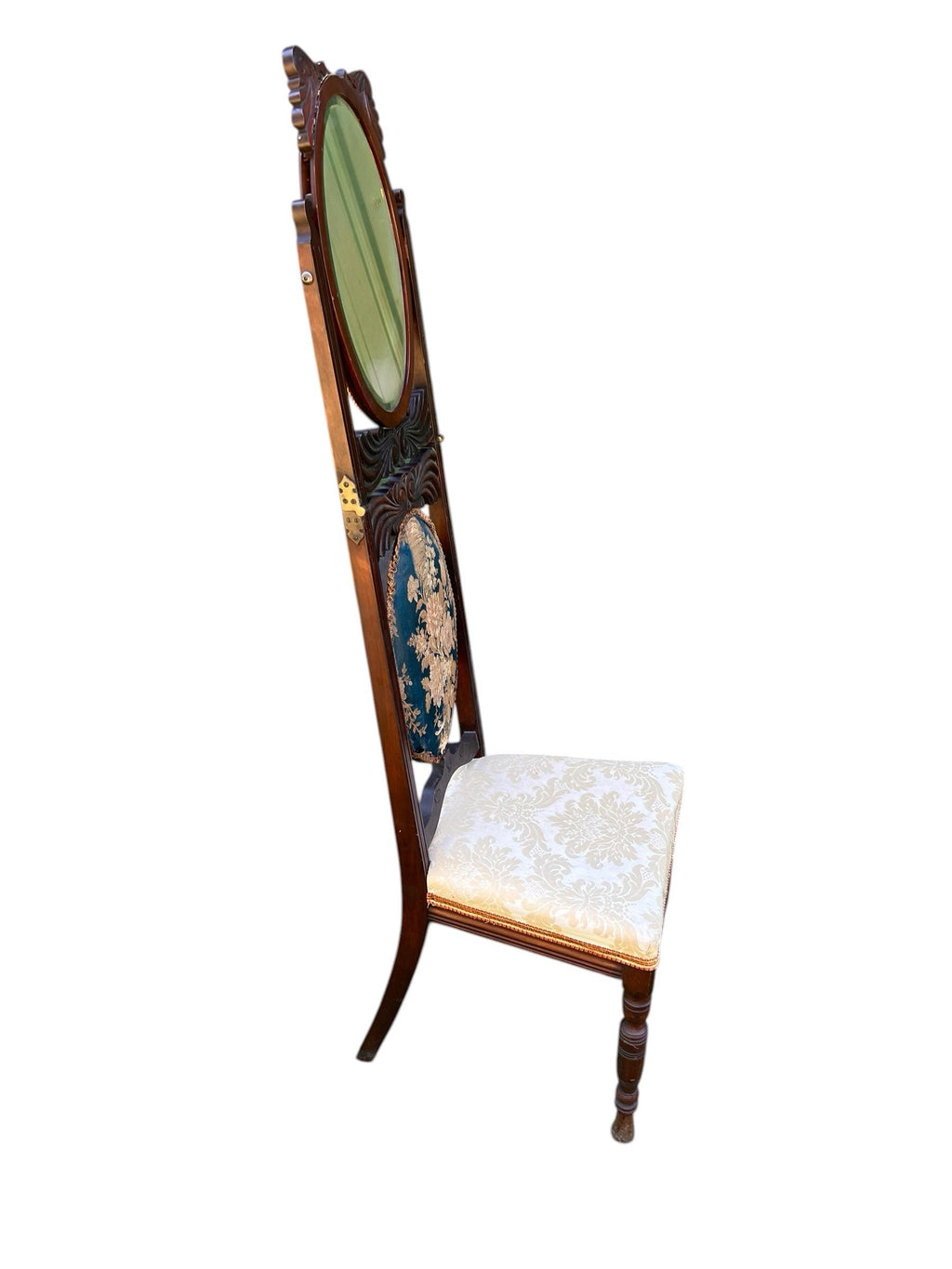 Mid-19th Century Dressing Chair With Convertible Mirror Seatback in Off-White Jacquard Fabric