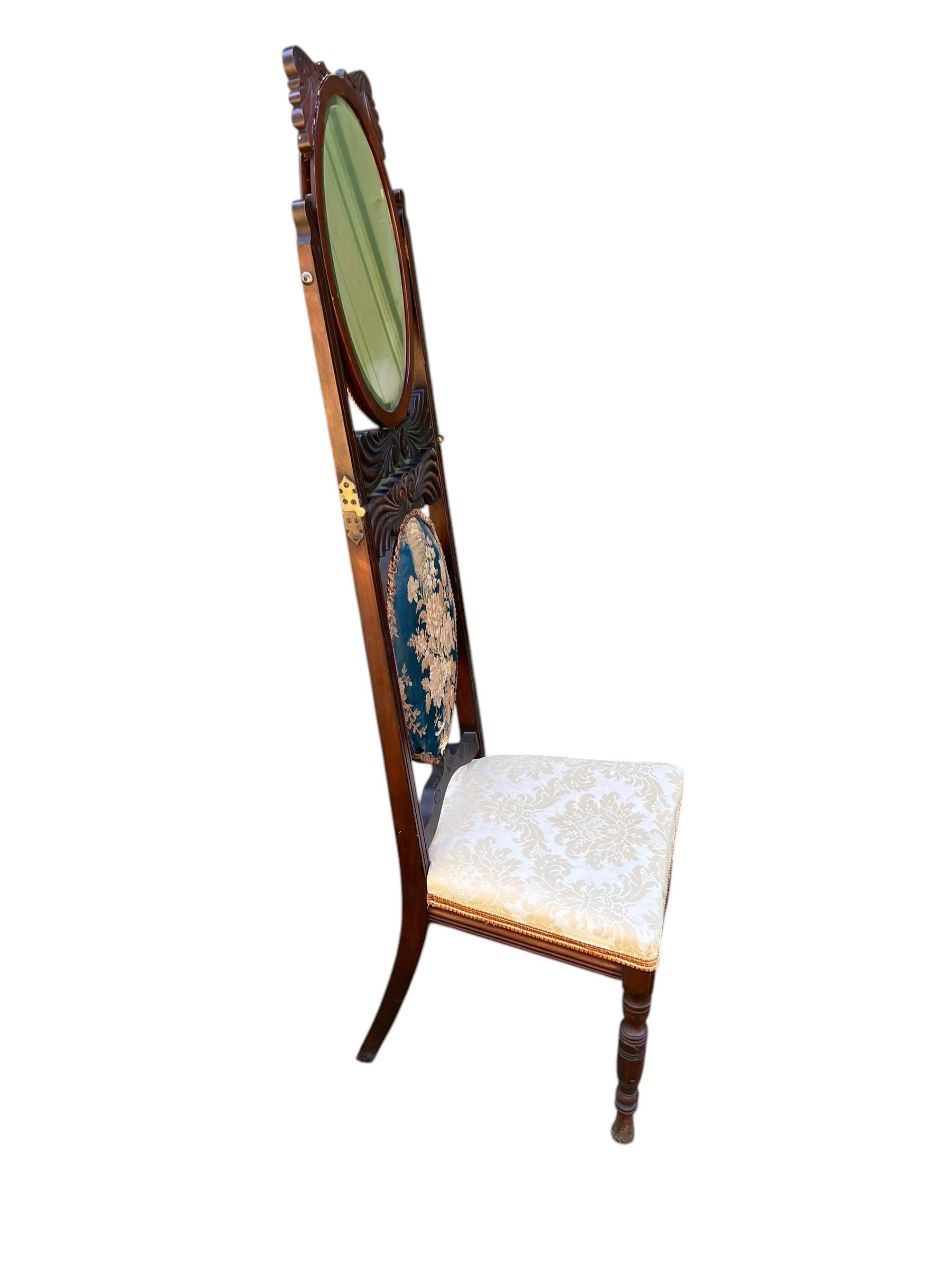 Mid-19th Century Dressing Chair With Convertible Mirror Seatback in Off-White Jacquard Fabric