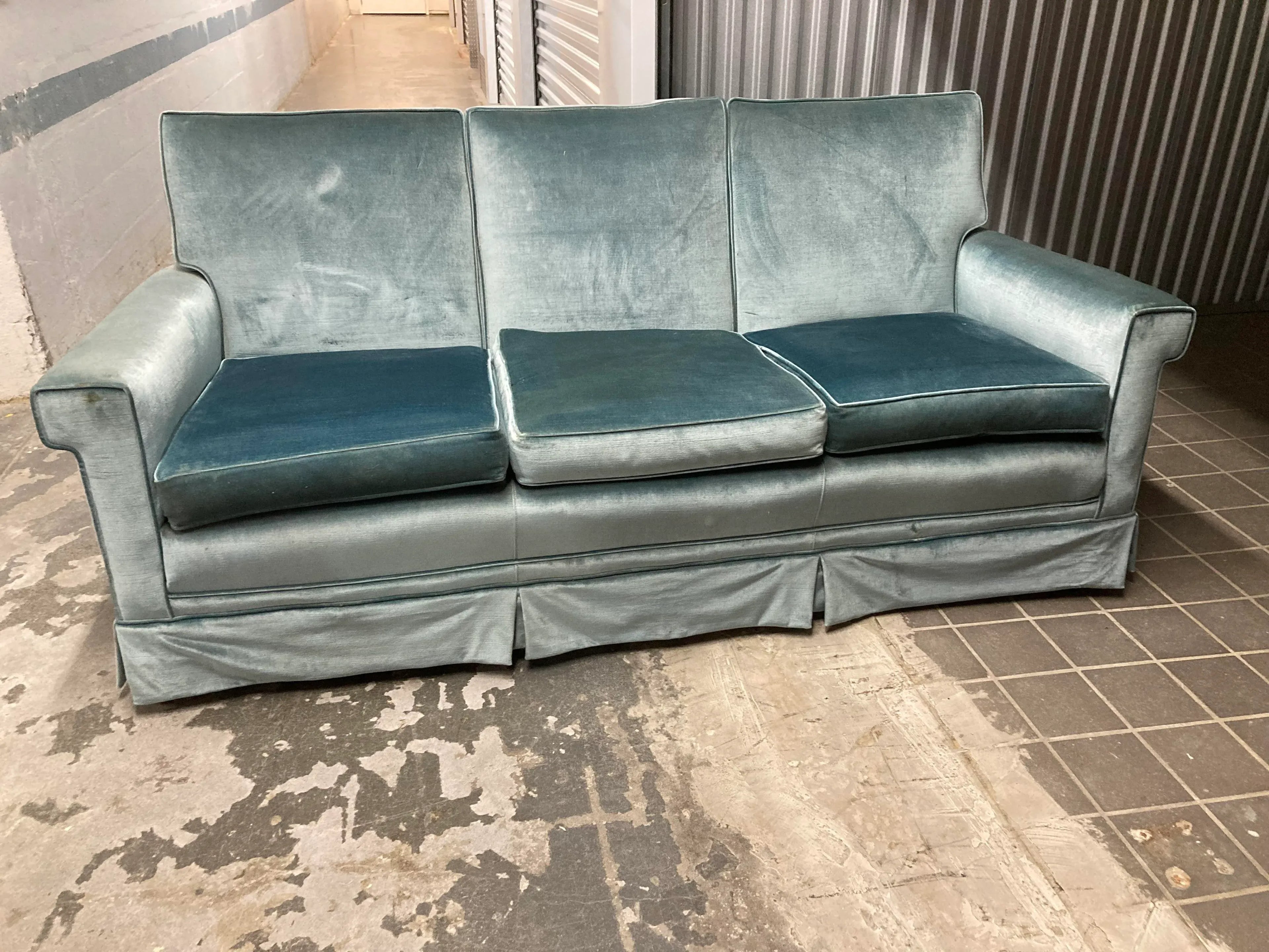 Mid-20th Century Aqua Velvet Couch